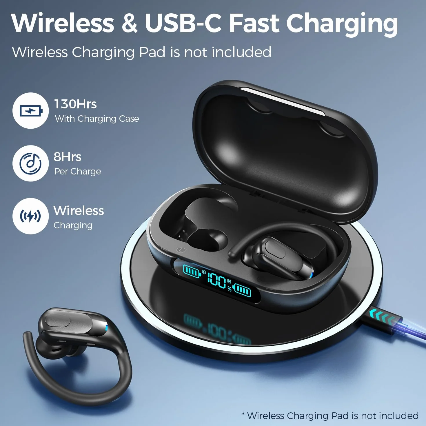 Cuffie Bluetooth 5.3 Auricolari senza fili 130 ore di autonomia Ricarica senza fili Auricolari IPX7 Impermeabili con ganci per orecchie Display a LED per lo sport e la corsa