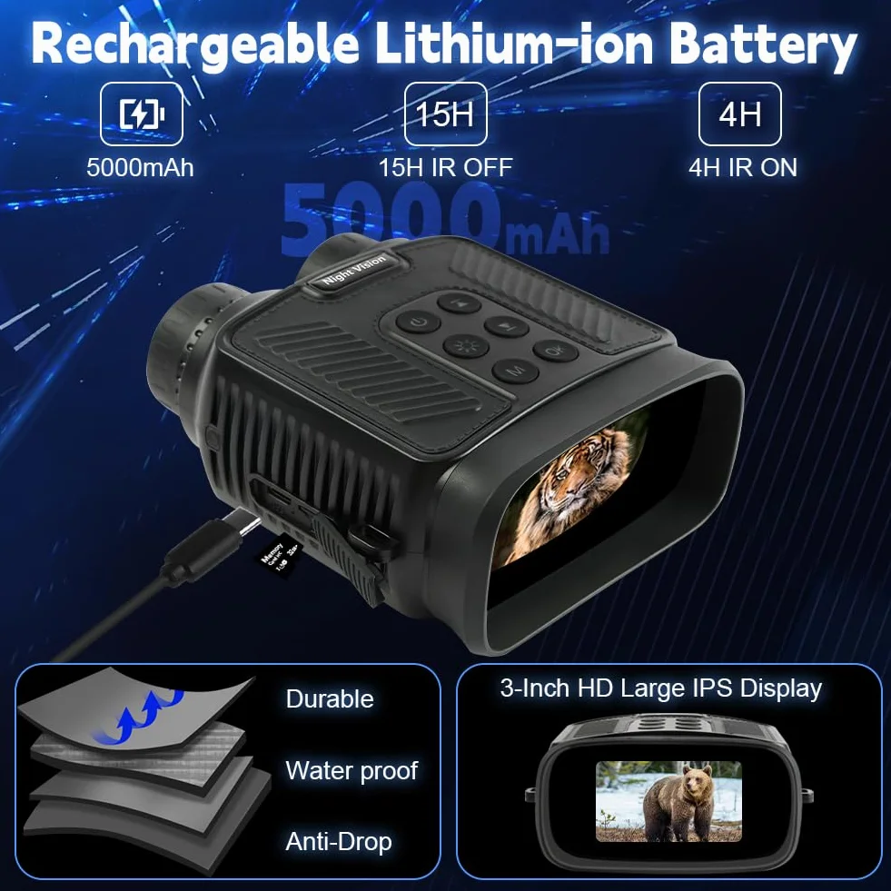 Vicloon 4K Binocolo Visione Notturna, Ricaricabile 5000mAh 8X Zoom Digitale, Visibile 300M, 3" HD Schermo, 7-Livelli Infrarossi, Militare Binocolo Notturno per la Caccia Campeggio, 32GB