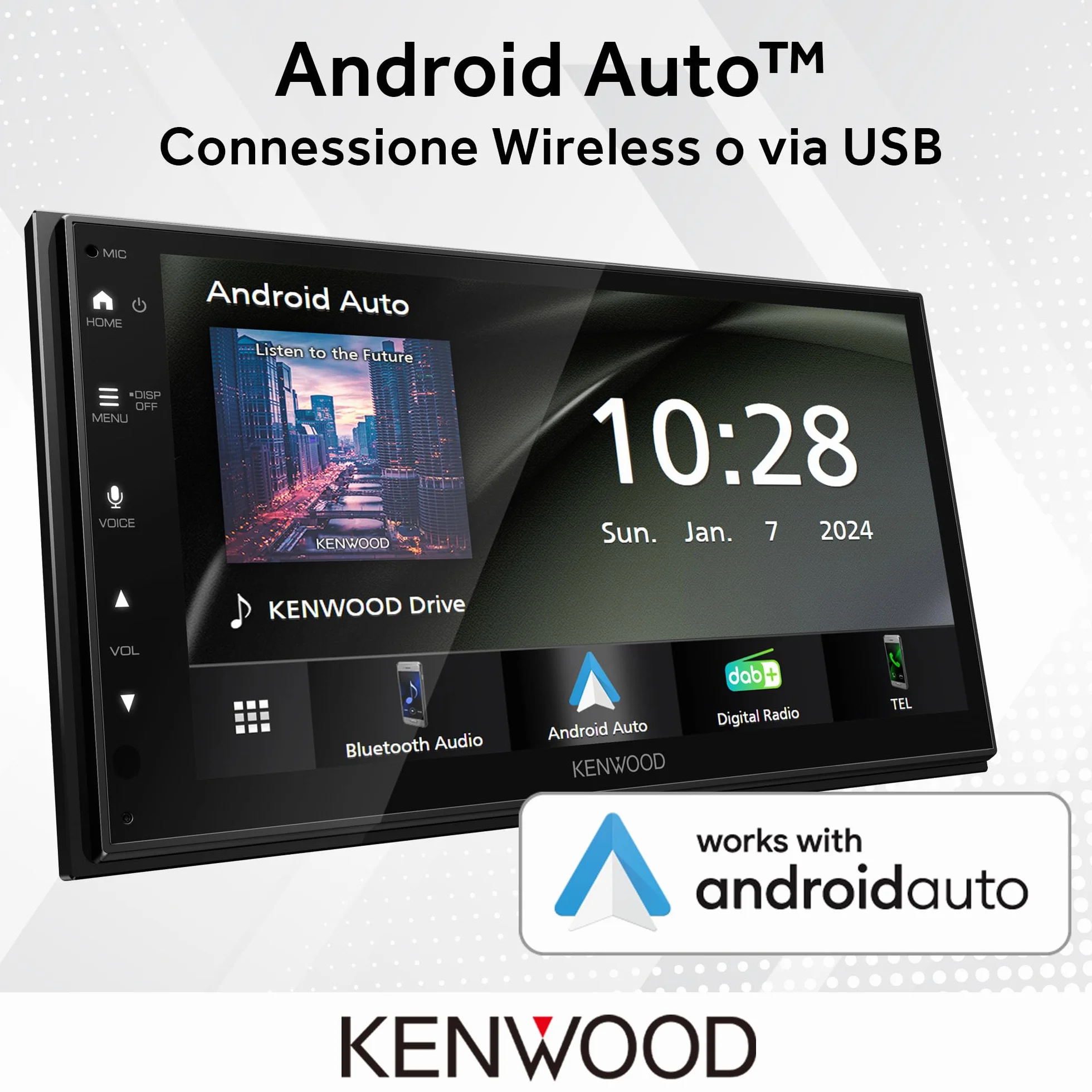 KENWOOD DMX6523DABS AV Mechless 6,8" WSVGA, DAB+, CarPlay/Android Auto wireless/cavo, Wireless Mirroring 2-Way, Bluetooth, Ingresso retrocamera – Nero