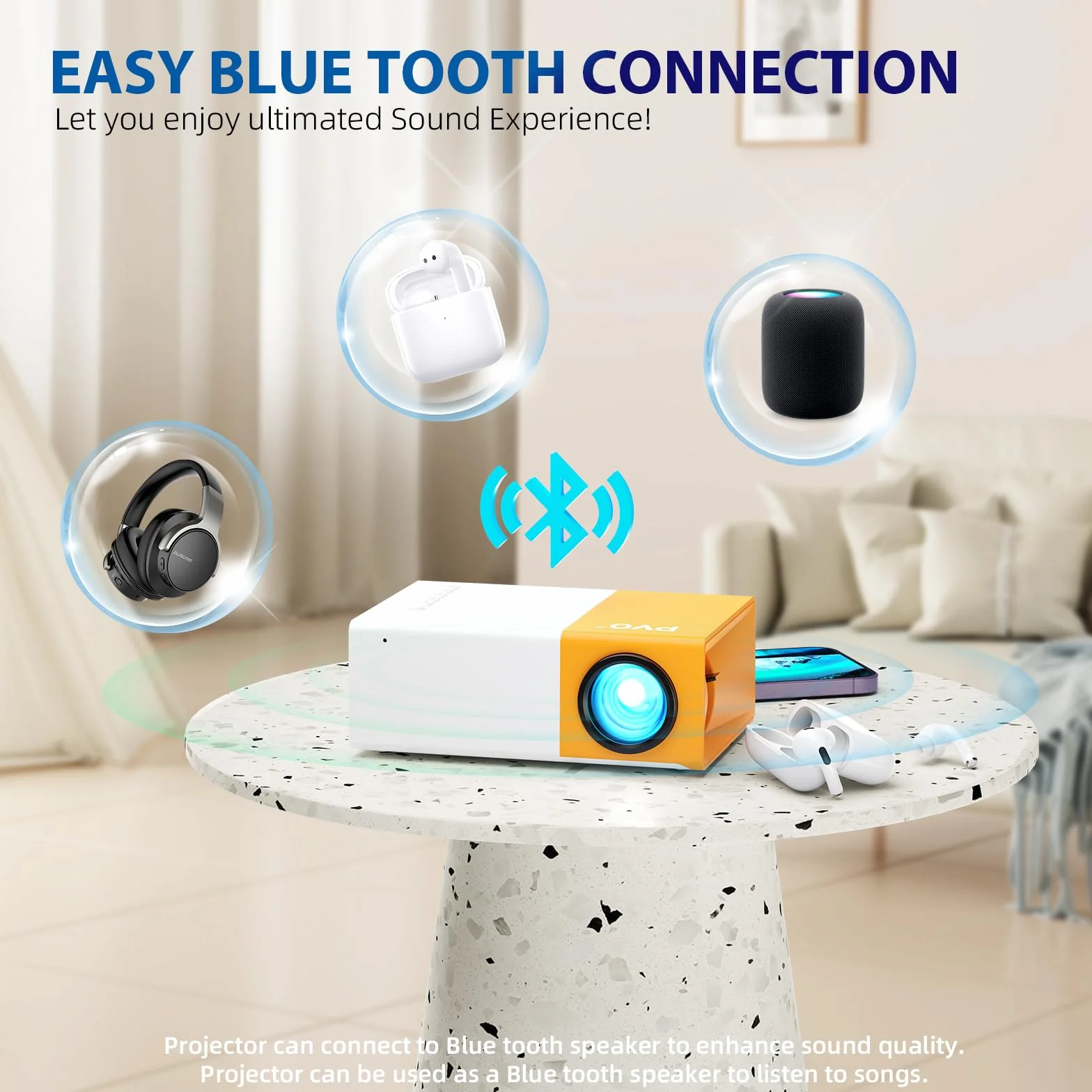 Proiettore PVO WiFi Film Portatile, Schermo del Telefono può Essere Specchiato al Proiettore in Modalità Wireless o Tramite Cavo Dati, Compatibile con Phone/Tablet/Laptop/TV Stick/USB (YG300ProMax)