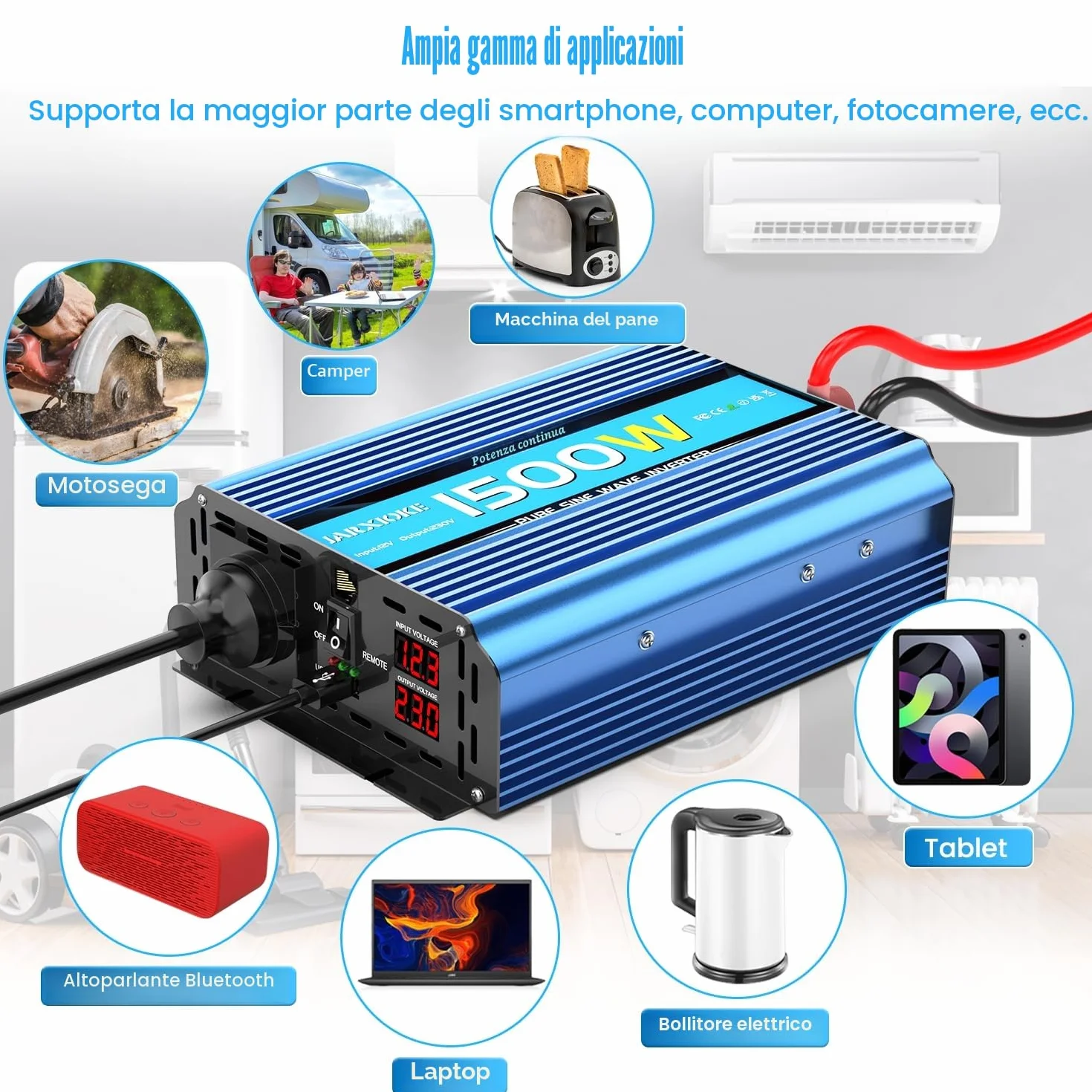 1500W/3000W Inverter 12v 220v Onda Pura Invertitore di Potenza 12v 220V/230V Trasformatore di Potenza Convertitore - Telecomando & USB & EU Presa per Auto Camper Barca