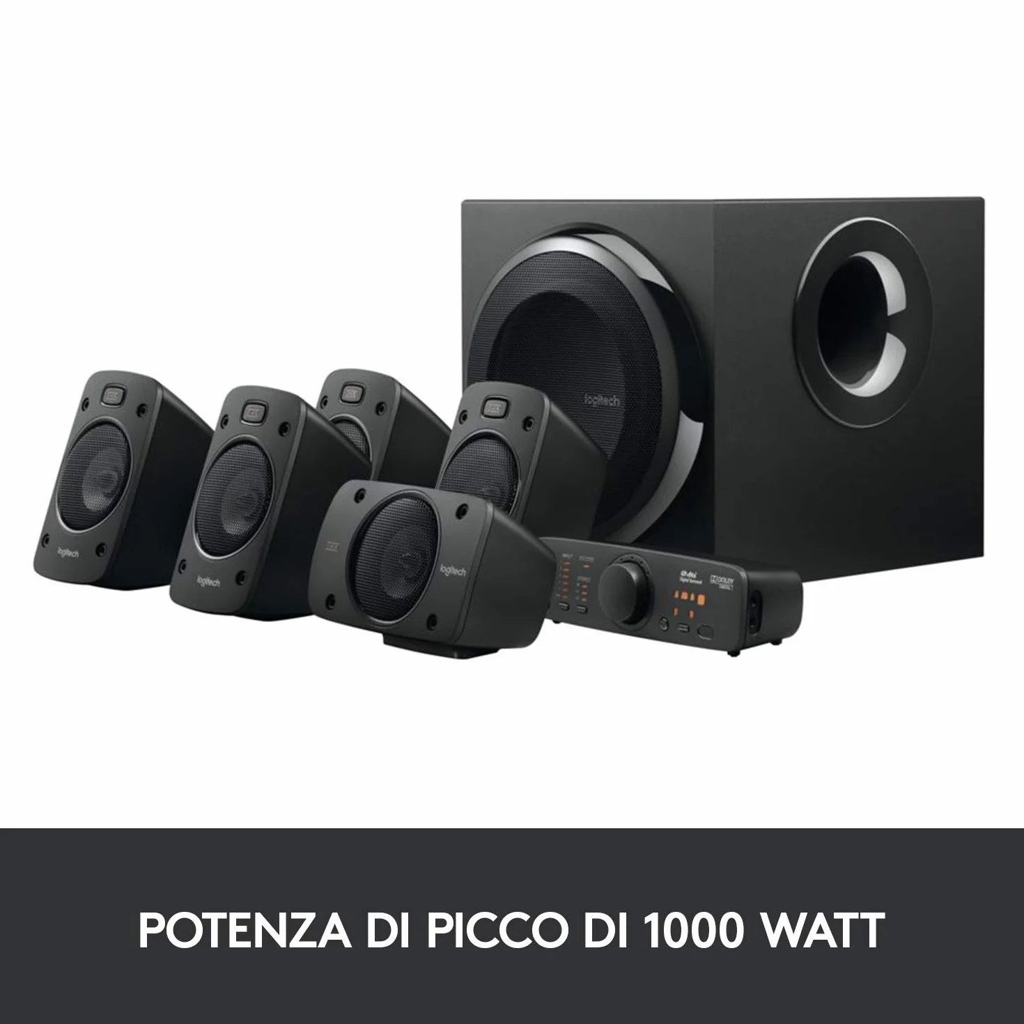 Logitech Z906 5.1 Sistema di Altoparlanti Audio Dolby Surround, Certificato THX, Dolby e DTS, ‎Potenza 1000 Watt, Multidispositivo, Telecomando, Presa EU/IT, PC/PS4/Xbox/TV/Smartphone/Tablet - Nero