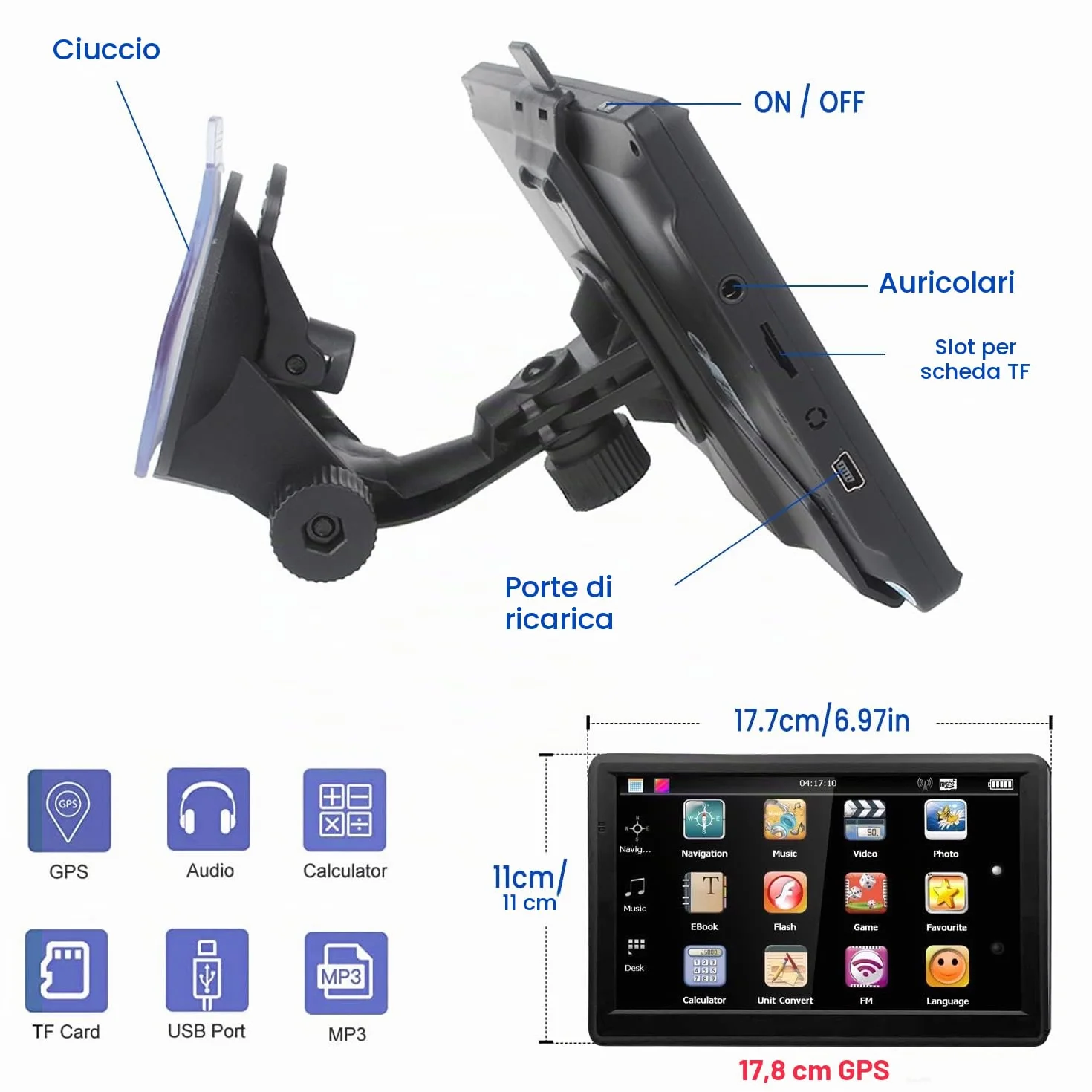 GPS 7 Pollice Navigazione Auto con HD Touch Screen, Multi-Languages Guida e Mappe EU, Info Traffico, per Camion Campeggio