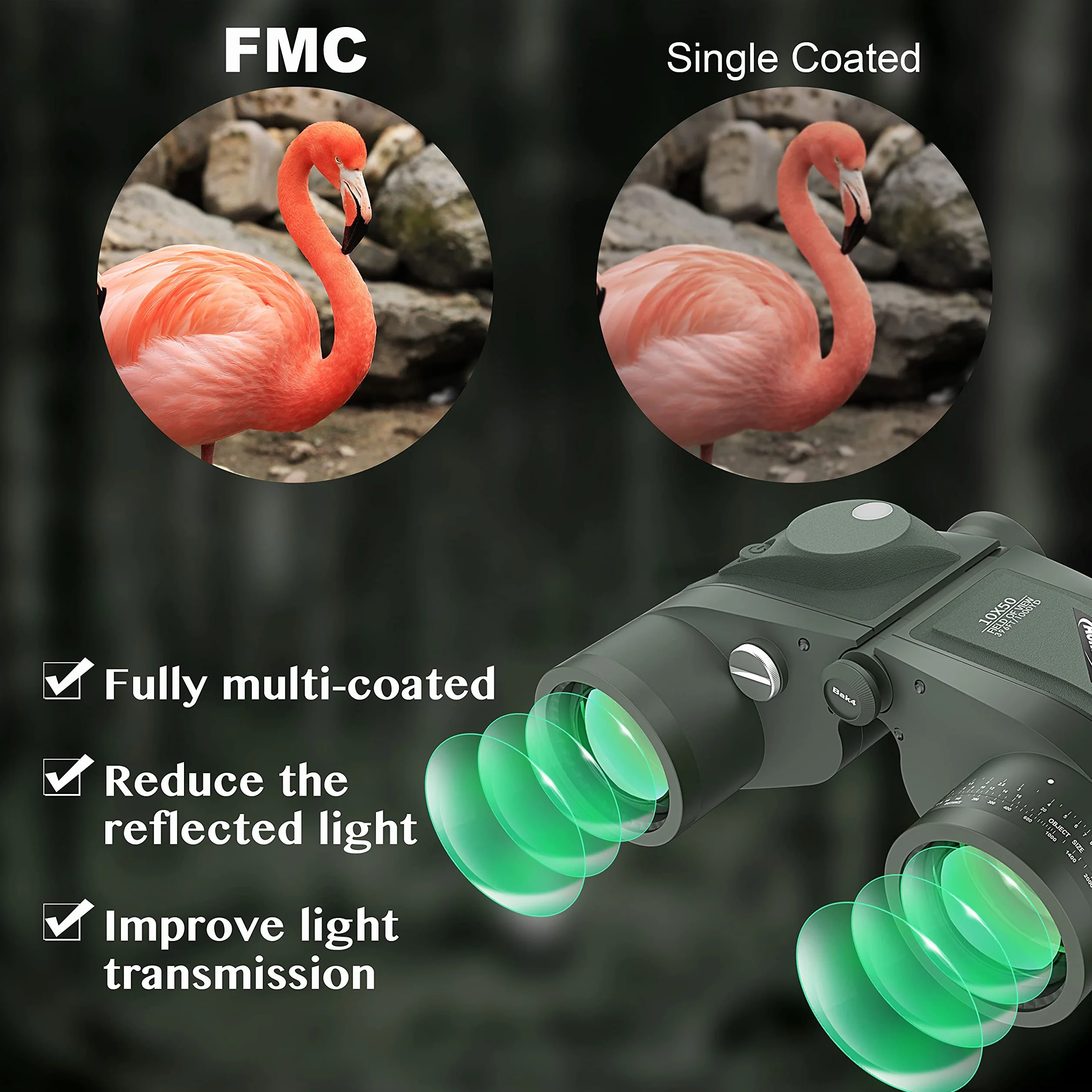 Aomekie Binocolo Professionale 10x50 Impermeabile Militare Professionale Con Bussola Multifunzione Oscillante Adatto Al Bird Watching Caccia Vela Con Tracolla e Pacchetto