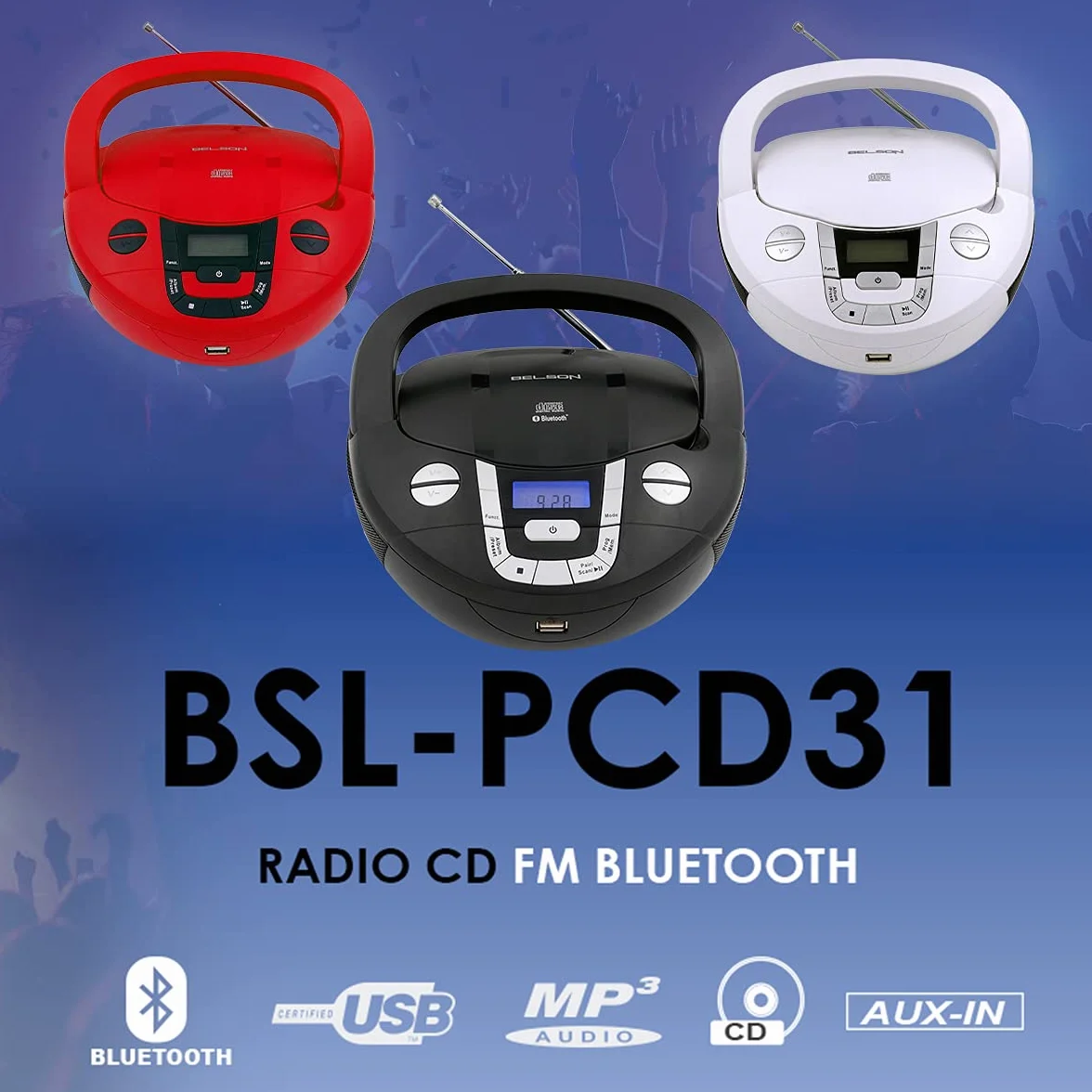 Boombox Radio CD/MP3 con Bluetooth BSL PCD-31 bianco | con 2 W di potenza RMS | Radio FM e USB Lettore MP3 | Display LCD | AUX IN | Uscita cuffie