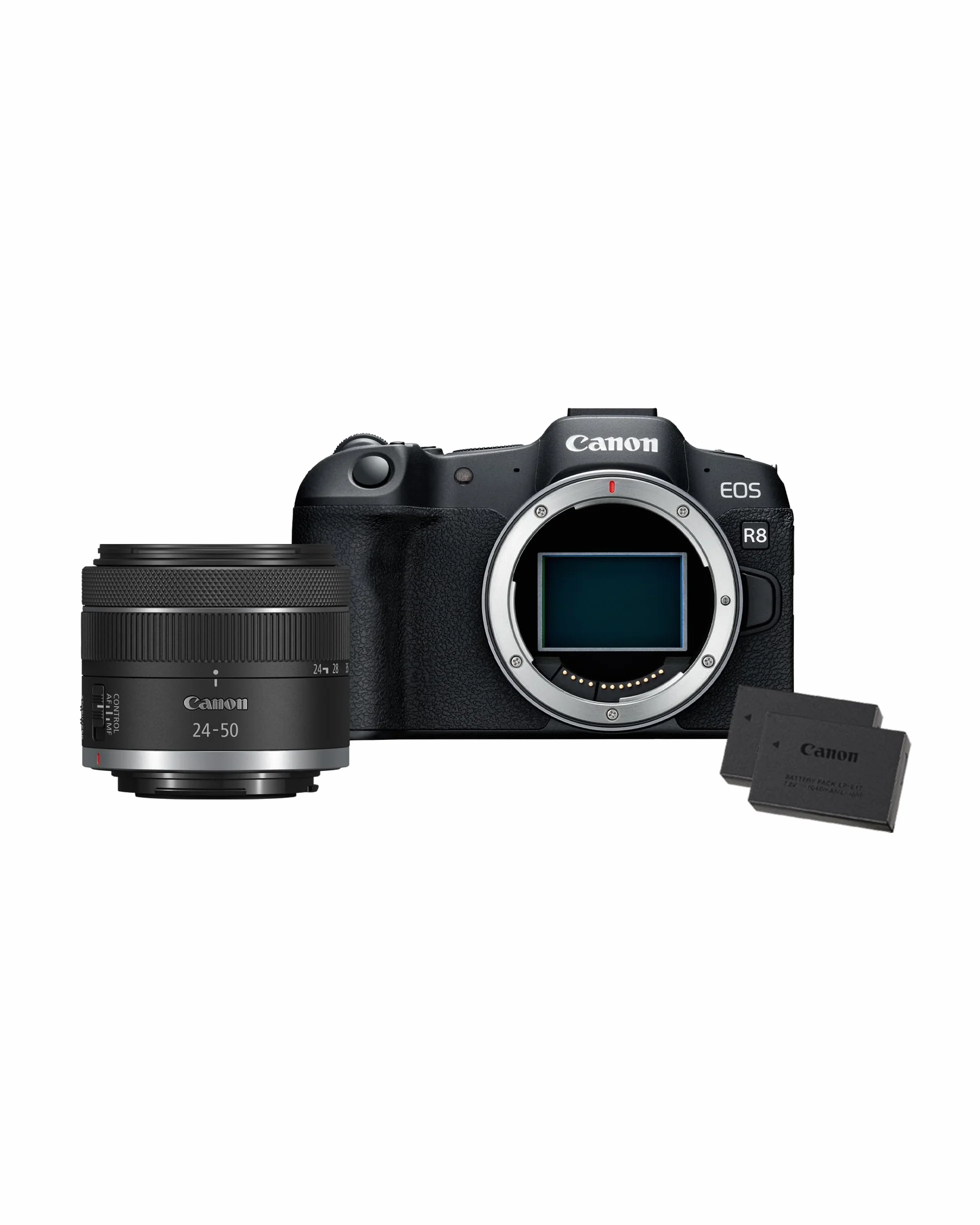 Canon EOS R8 + RF 24-50mm F4.5-6.3 + 2x Batterie (Kit Batteria Aggiuntiva) - Fotocamera Digitale Mirrorless - Sensore CMOS Full-Frame da 24,2 MP - Dual Pixel CMOS AF II - Composizione Integrata
