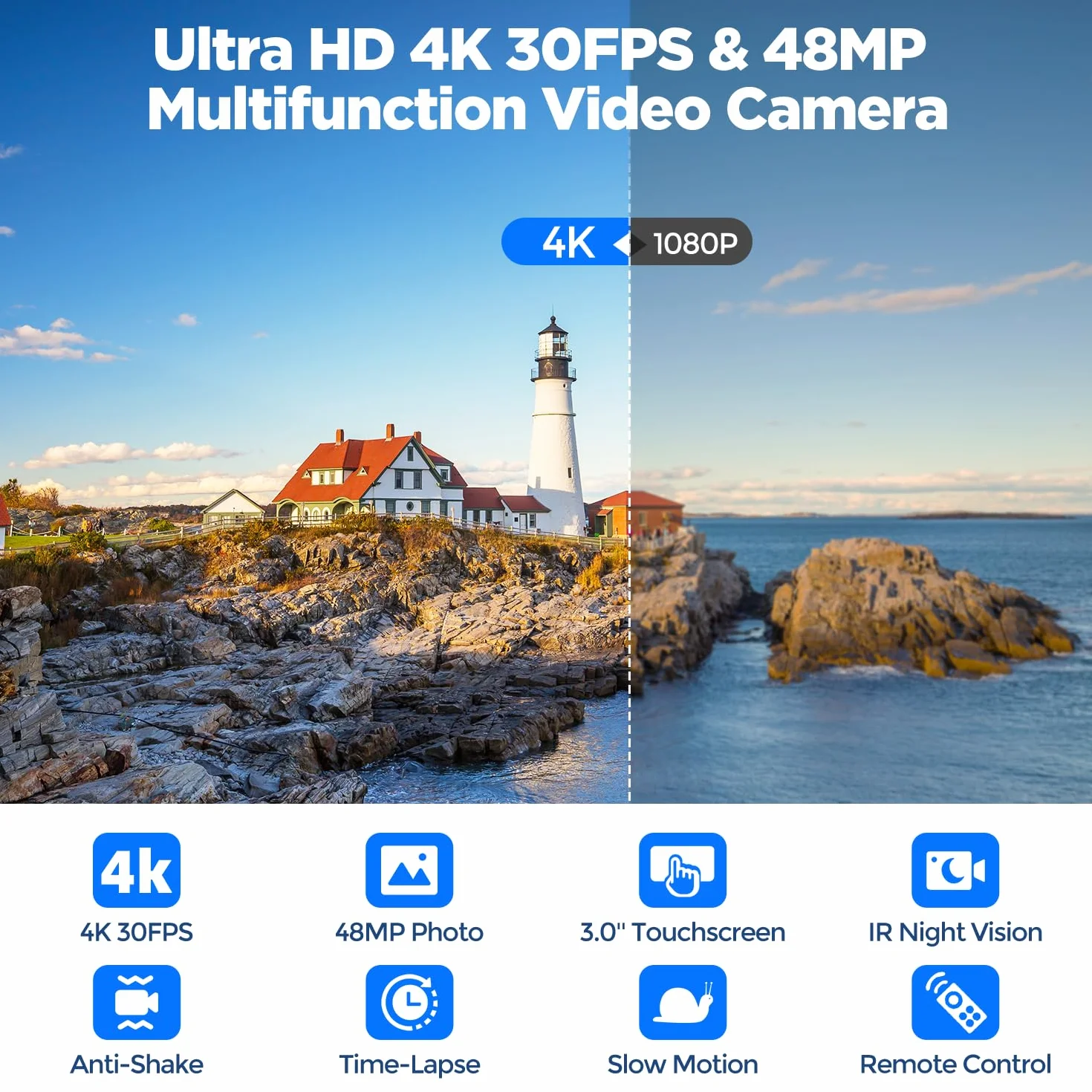 Camcorder 4K 48MP Videocamera YouTube, Visione Notturna IR Fill Light LED, Webcam Streaming, Schermo Tattile 3" 270°, 32GB SD, Telecomando, Batteria, Camera Vlog Principiante Economica