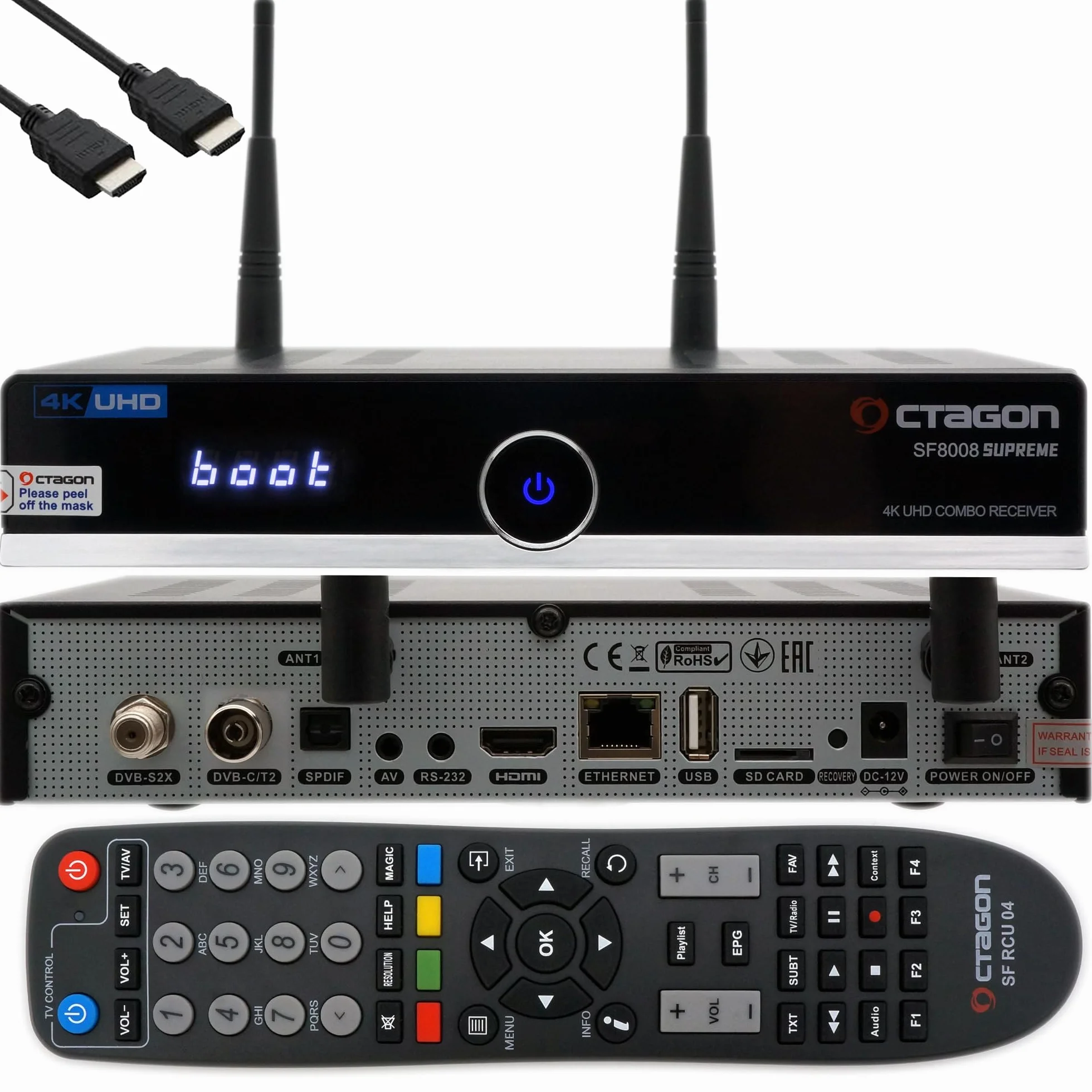 OCTAGON SF8008 4K UHD HDR Ricevitore combinato 1x DVB-S2X, 1x DVB-C/ DVB-T2, Satellite, cavo e segnale terrestre, E2 Linux Smart TV Box, Media Server, registrazione, EasyMouse HDMI, Dual WiFi
