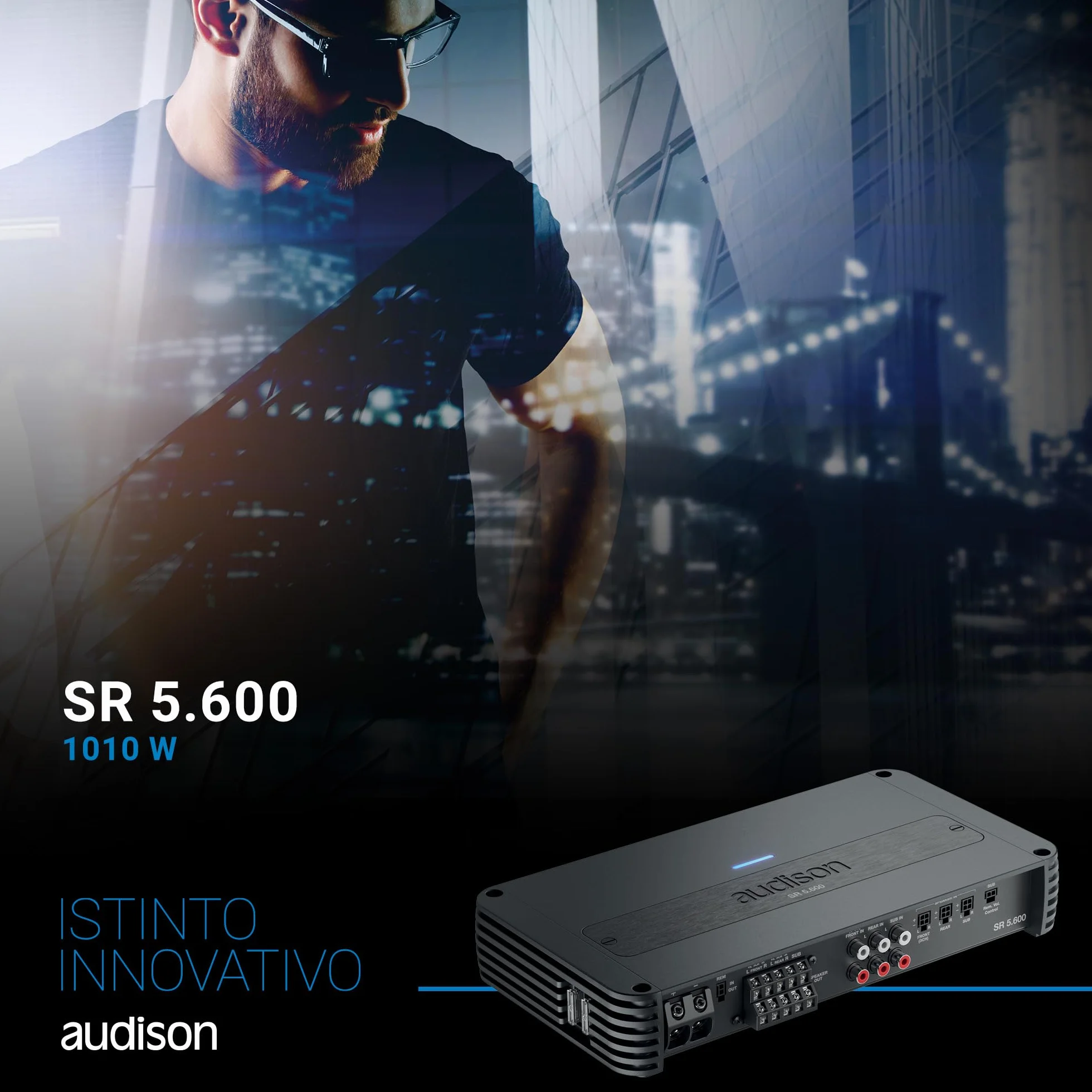Audison SR 5.600 – Amplificatore 5 Canali Classe D con Tecnologia ADT, Potenza Totale 1010 W RMS, Crossover Integrato e Ingressi OEM/Aftermarket