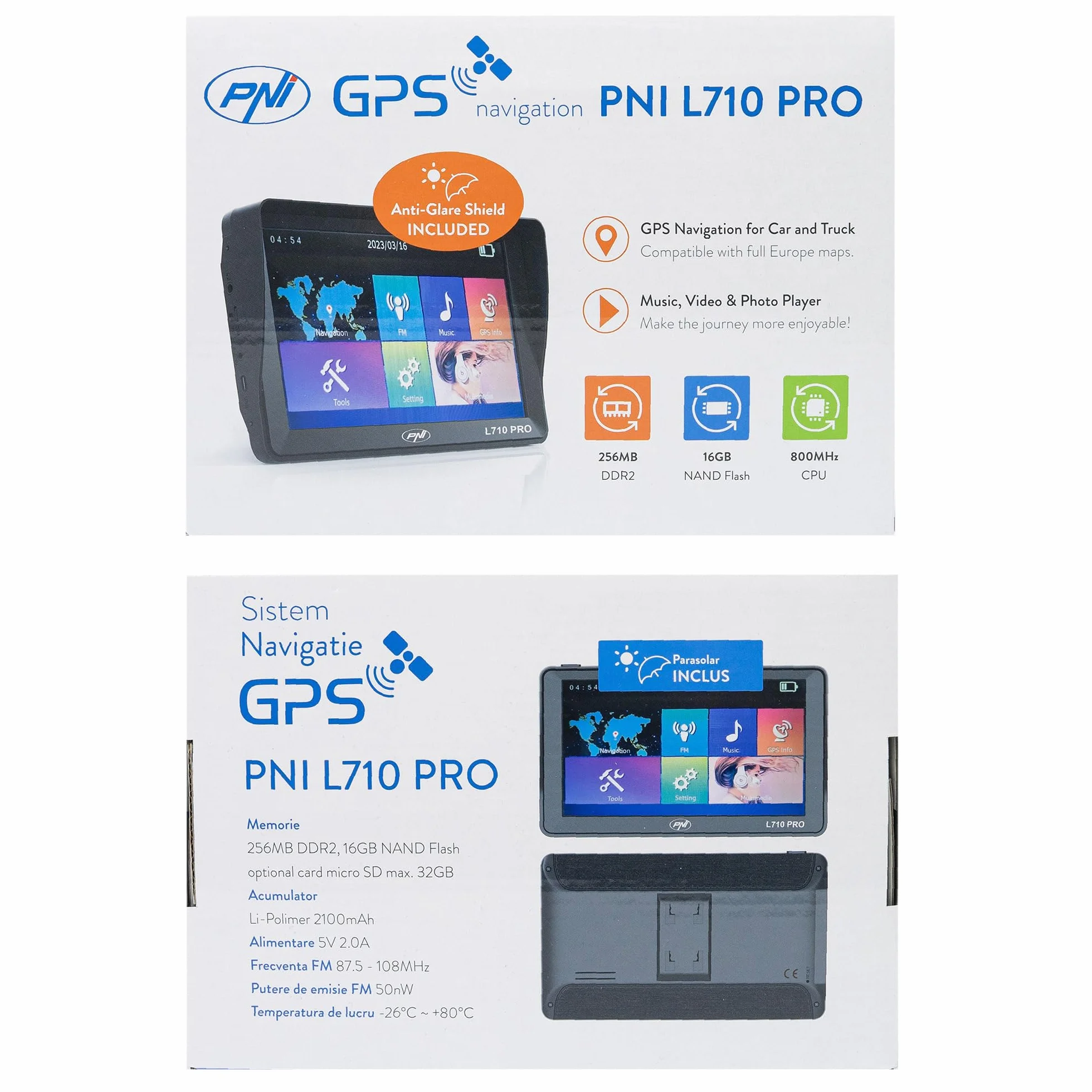 Sistema di navigazione GPS PNI L710 PRO con visiera parasole, 7 pollici, 800 MHz, 256 MB DDR, memoria interna da 16 GB, trasmettitore FM, con due caricatori per auto inclusi