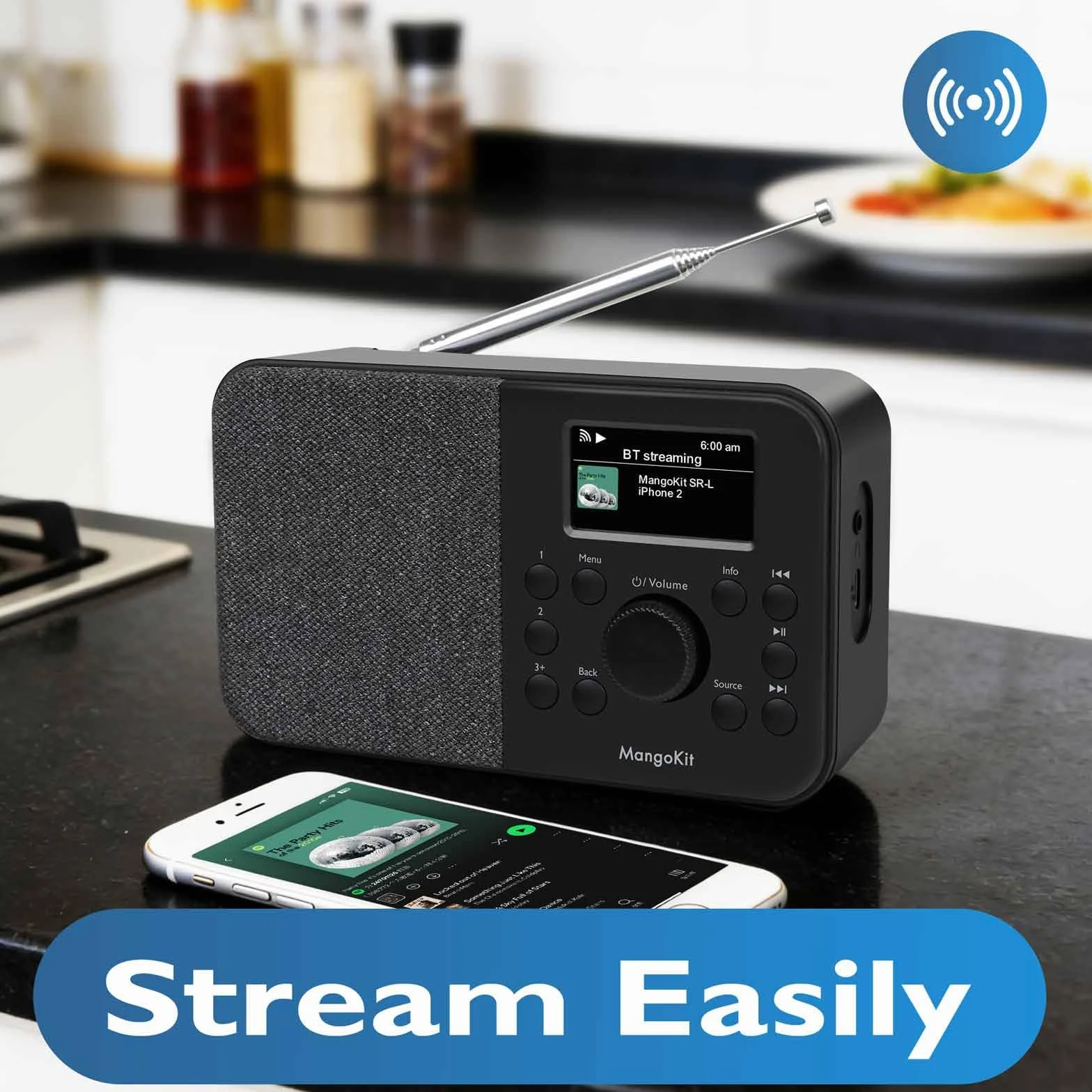 Radio DAB+ portatile con Bluetooth 5.3, WiFi, FM, 150 preset, sveglia, display a colori