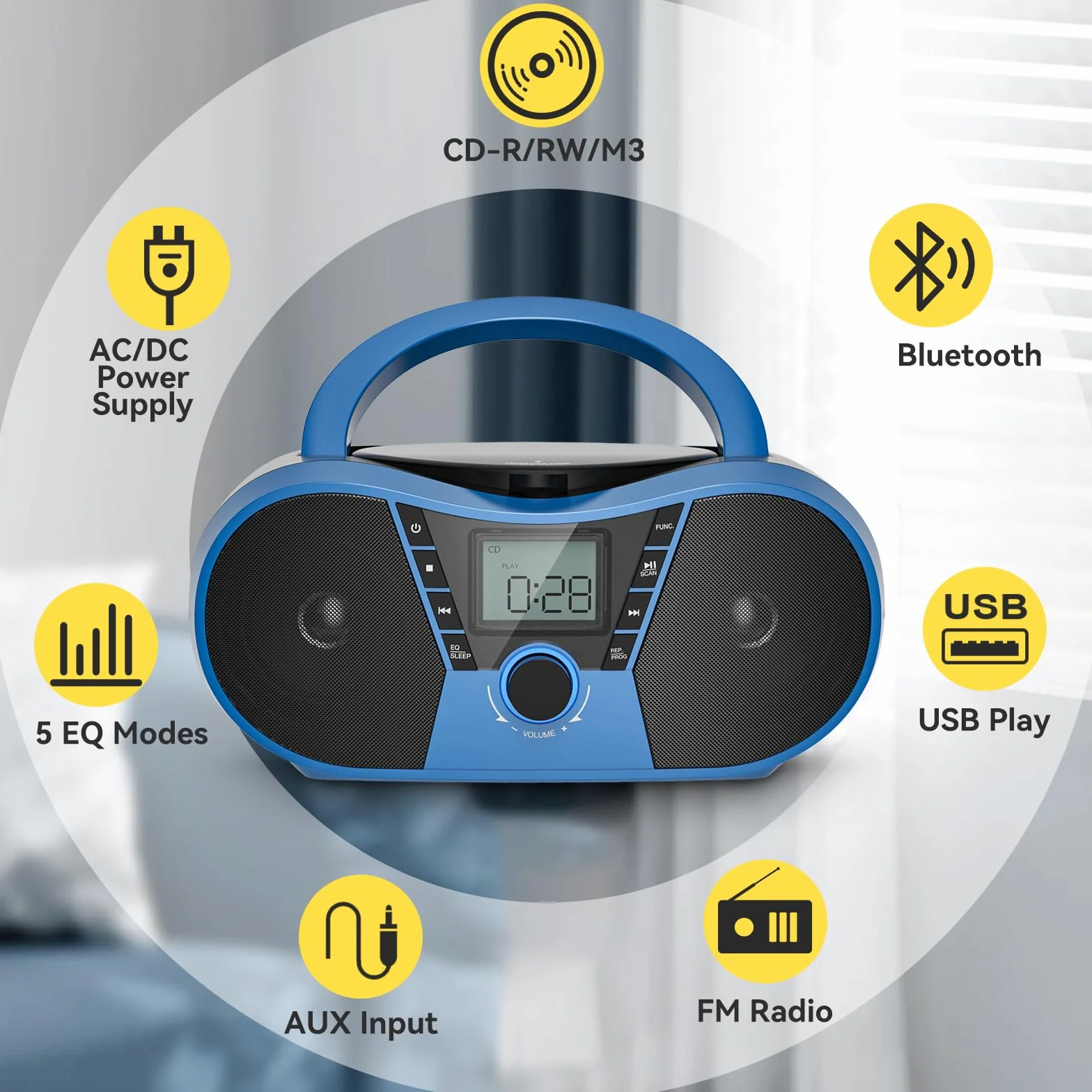 Gueray Radio Portatili Boombox con Bluetooth Lettore CD Altoparlante Audio Stereo con Lettore CD Radio AM/FM USB Riproduzione MP3 Ingresso AUX da 3,5 mm Jack per cuffie Display LCD Telecomando