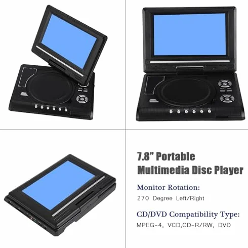 Lettore DVD Portatile da 7 Pollici con Schermo Girevole, Batteria Ricaricabile, Caricabatteria per Auto, Gamepad, Supporta più Formati e Funzione TV (Spina UE)