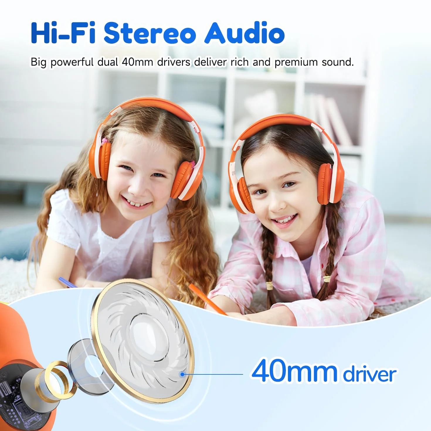 EarFun K2 Cuffie Bluetooth Bambini, Cuffie Wireless e Cablato, Limitatore Volume Sicuro 85/94 dB, 40 Ore Autonomia, Over-Ear Pieghevoli e Regolabili per Scuola/Tablet/Viaggio, Bluetooth 5.4, Arancione