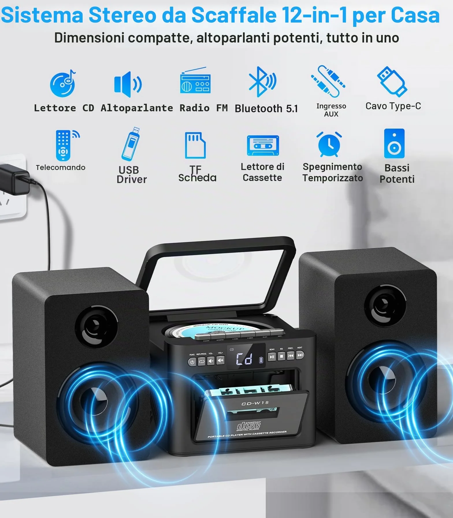 Greadio Impianto stereo per la casa con Boombox CD e lettore di cassette Combo, sistema stereo domestico da 40 W con Bluetooth, radio FM/USB/TF/AUX/telecomando, altoparlanti da scaffale in legno