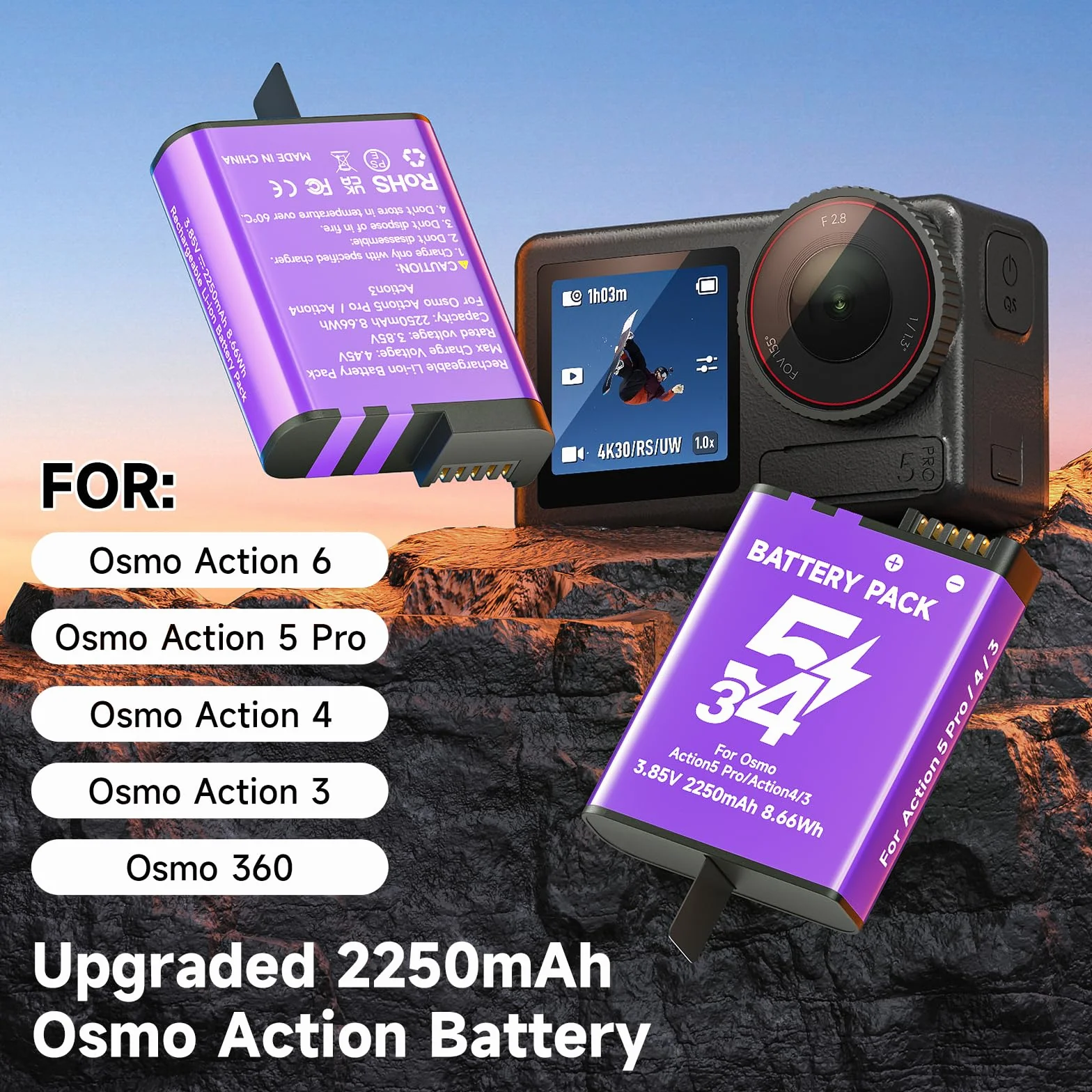 CITYORK Kit caricabatterie per fotocamera DJI Osmo Action 5 Pro/Osmo Action4 / Osmo-Action3/Osmo 360 Sport, batteria da 2250 mAh e slot a doppio canale, con display LCD e cavo USB