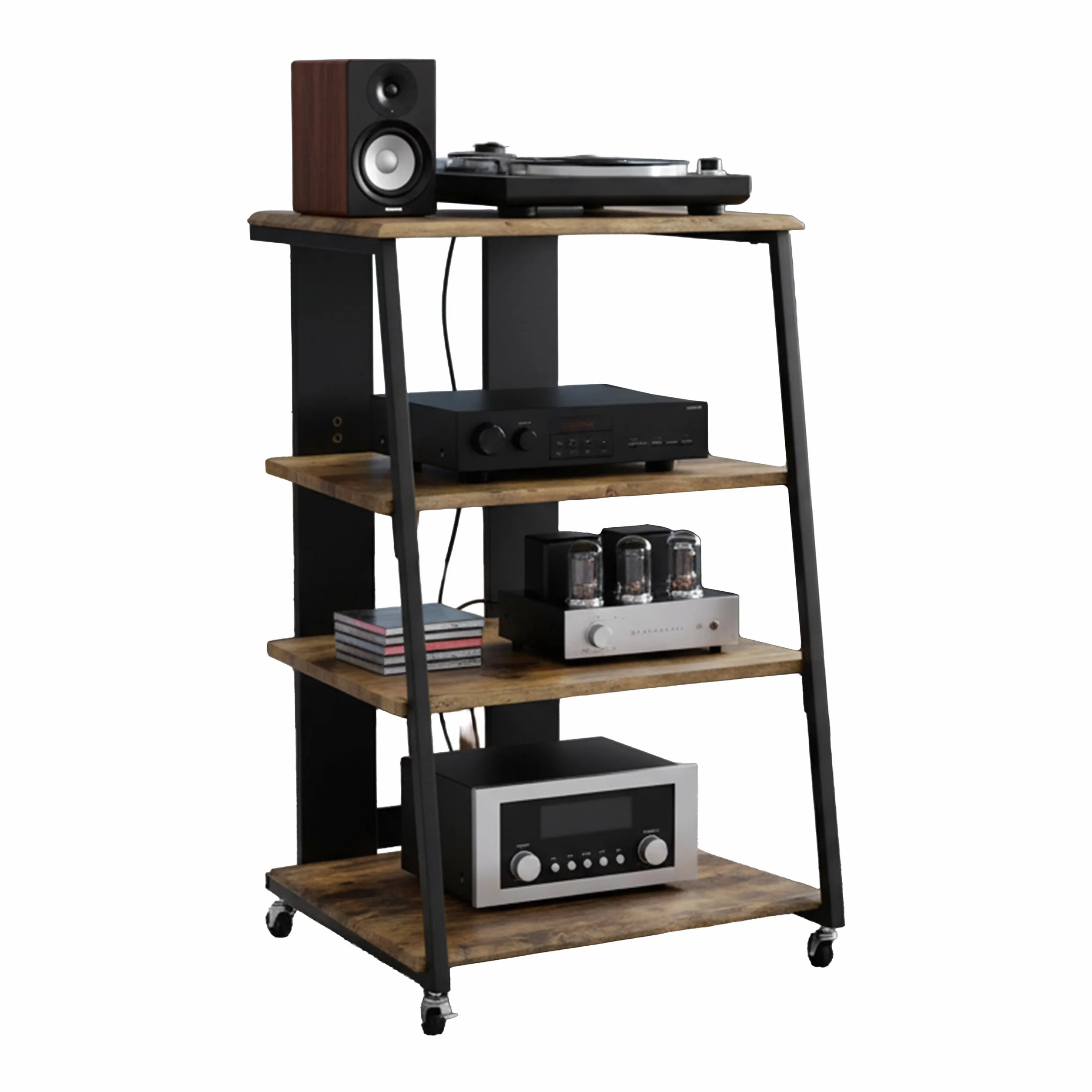 Relaxdays HiFi Rack, 4 Ripiani per Giradischi, in Ferro e MDF, 78x61x52 cm, multimediale Industriale, Marrone/Nero