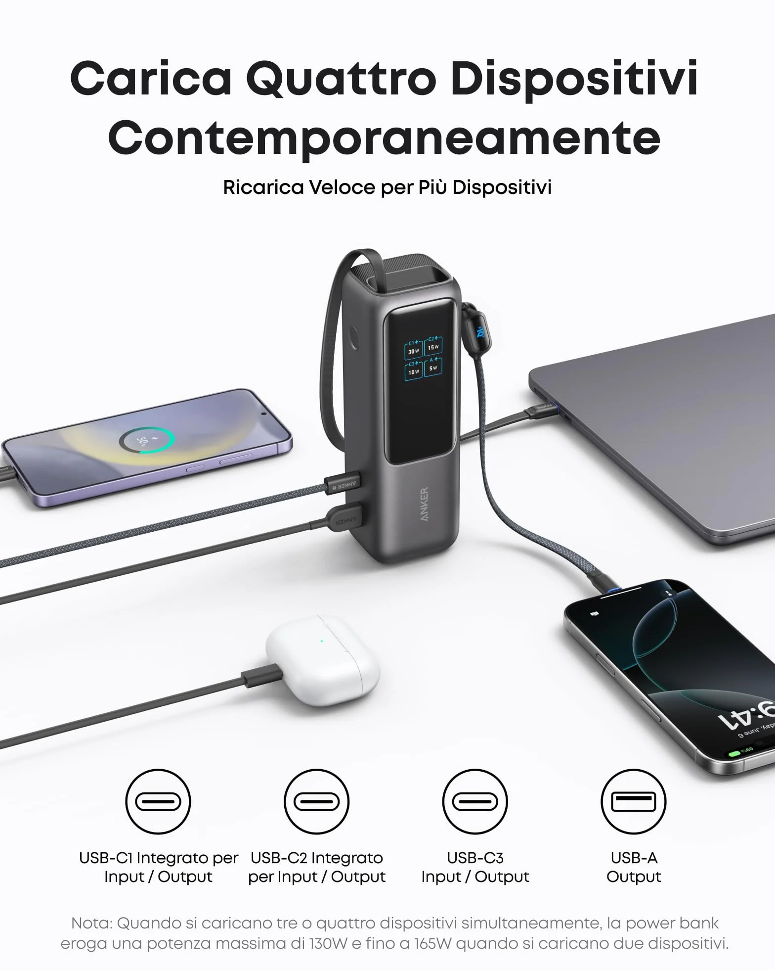 Anker Laptop Power Bank 25000mAh 165W USB C Caricatore Portatile con Cavi Integrati per iPhone 17 Pro Max MacBook Samsung
