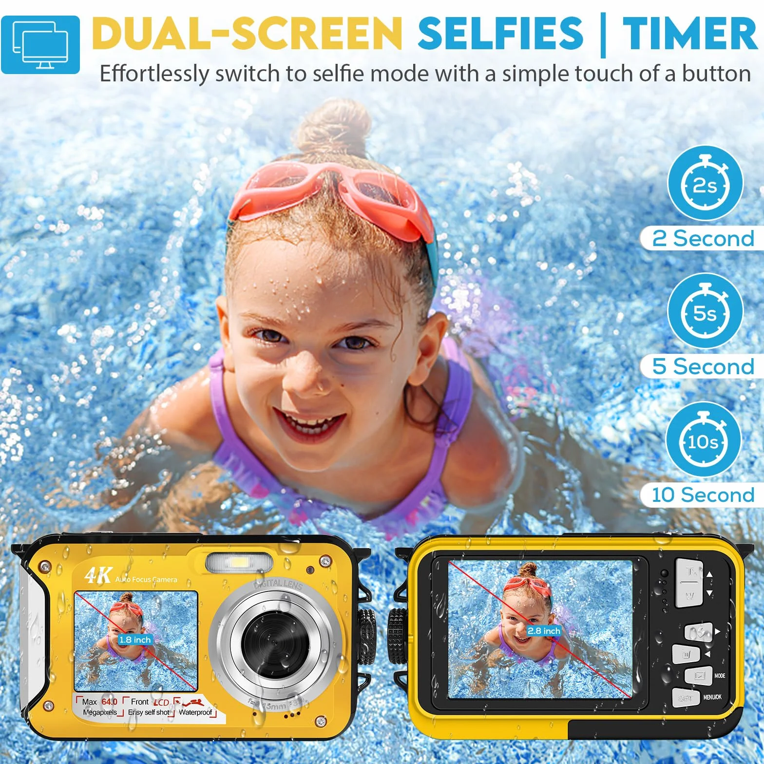 64MP Macchina Fotografica Subacquea Con Scheda Di Memoria Da 64 GB, 4K Fotocamera Subacquea Con Autofocus E Doppio Schermo Selfie HD, 5 Metri Fotocamera Subacquea Digitale (2 Batterie)