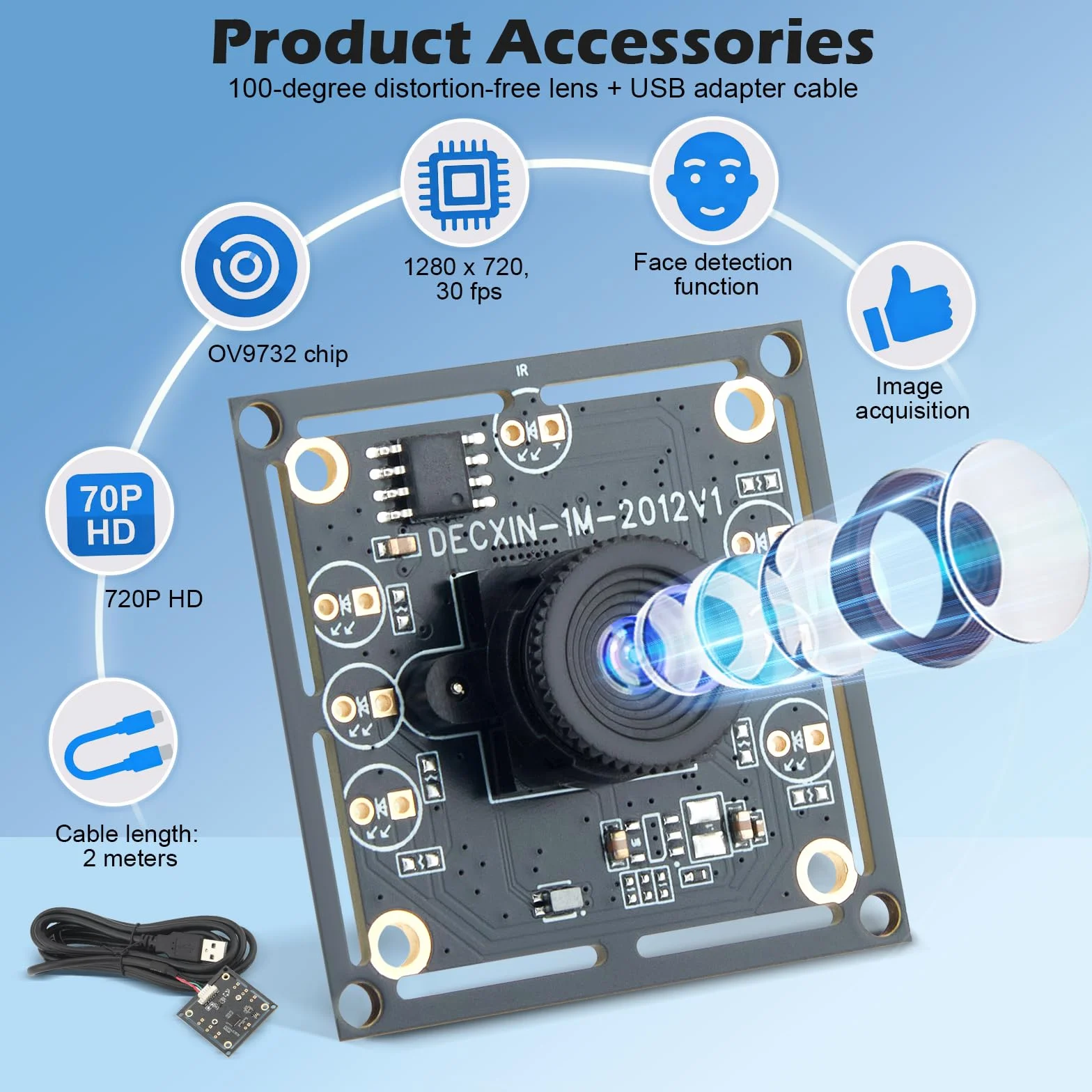 OV9732 - Modulo per fotocamera, USB, grandangolo 100°, 1280 x 720 30 FPS HD, compatibile con sistema per auto, cavo da 2 m, sensore di immagine trasparente per un tracciamento preciso del