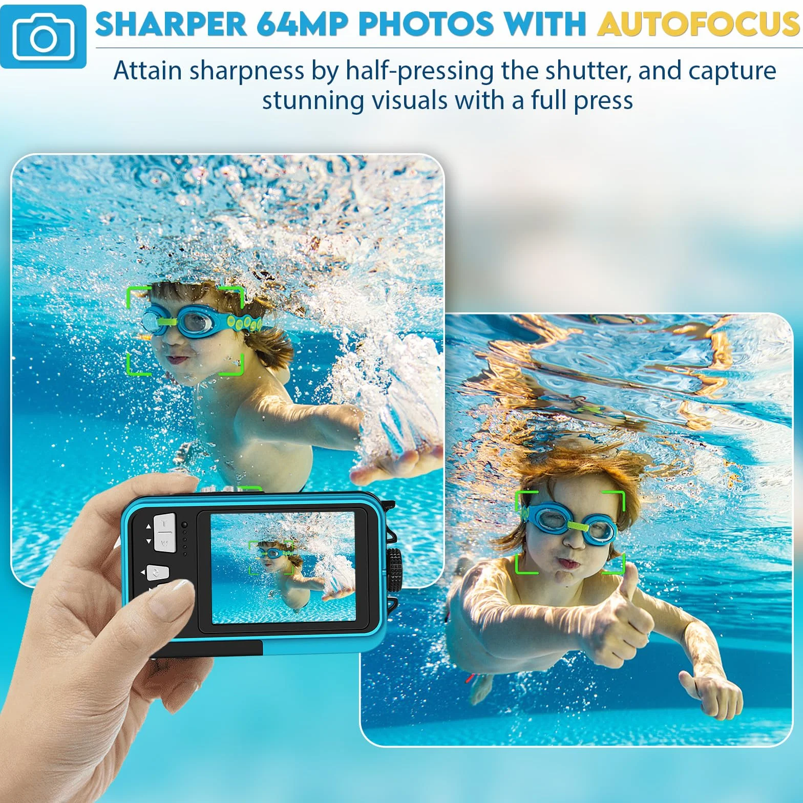 64MP Macchina Fotografica Subacquea Con Scheda Di Memoria Da 32 GB, 4K Fotocamera Subacquea Con Autofocus E Doppio Schermo Selfie HD, 5 Metri Fotocamera Subacquea Digitale (2 Batterie)