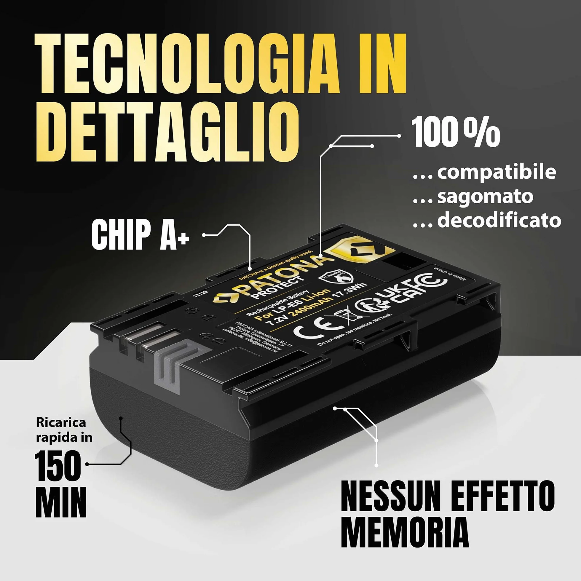 PATONA Protect LP-E6 Batteria 2400mAh – Ricambio per Canon LP-E6 – per EOS 5D Mark II III, 5DS, 6D 7D, 60D 60Da 70D 80D 90D, R R5, XC10 XC15 – con protezione NTC e involucro V1 per uso intensivo