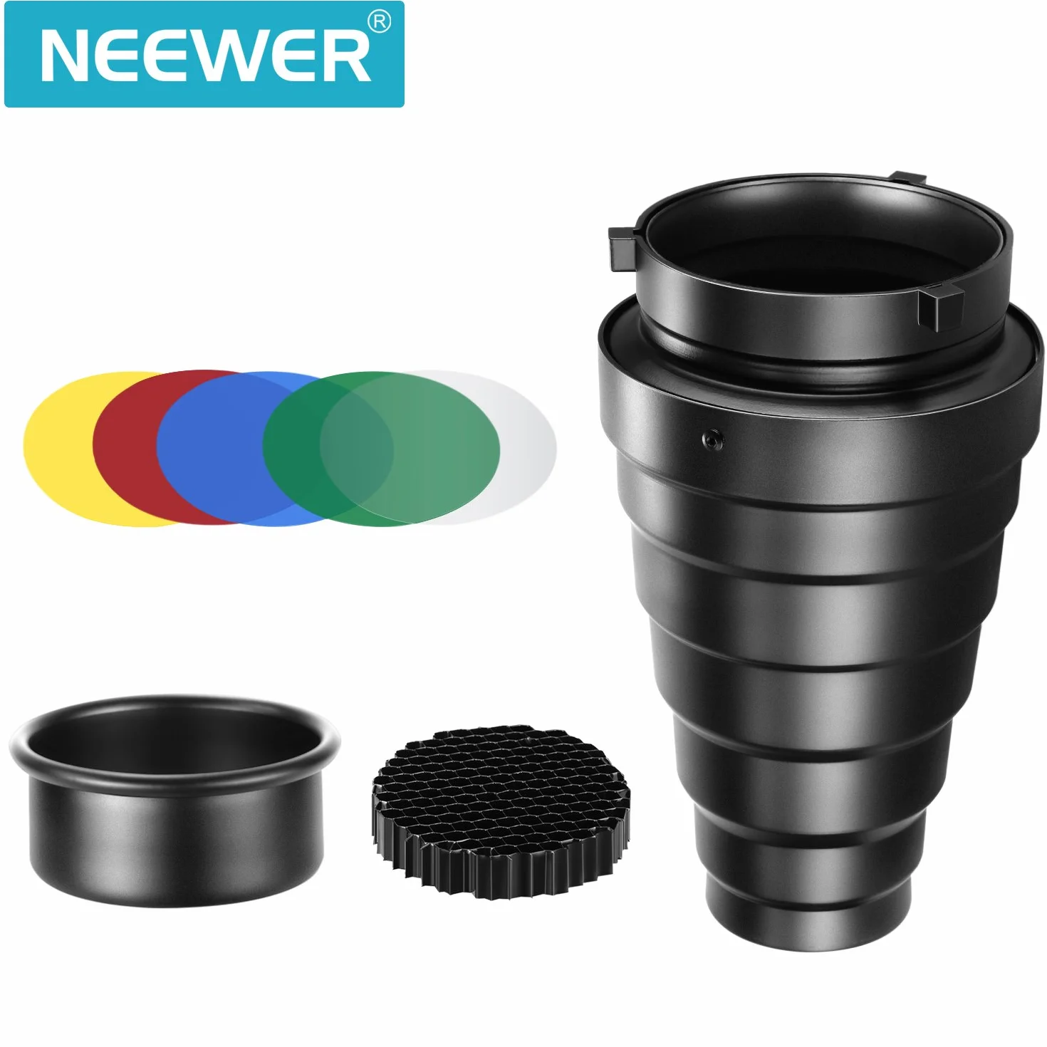 Neewer Kit Medio Alloy Snoot in Lega di Alluminio con Griglia a Nido d'Ape e 5 Pezzi Filtri Gel Colorati per Bowens Mount Studio Strobe Monoluce Fotografia Flash Luce