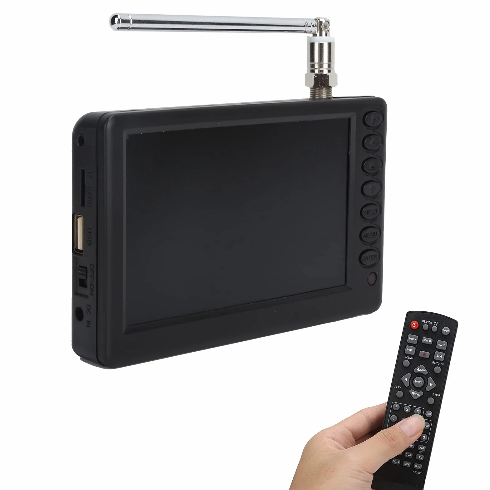 Televisore digitale da 5 pollici per auto campeggio cucina 1920 x 1280 risoluzione HD, batteria 1500mAh, antenna telescopica, TV portatile palmare TV analogica ATV, TV LED TFT a colori con telecomando