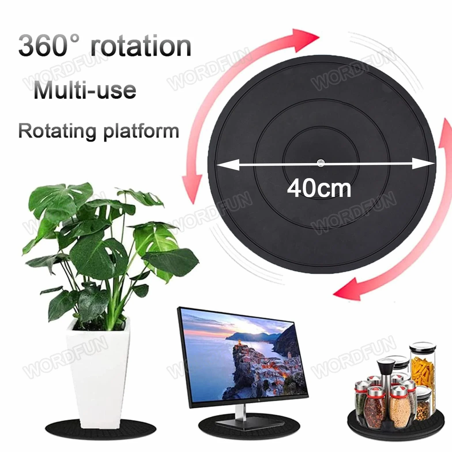 WORDFUN 360° Girevole Stand Giradischi, 40cm Piattaforma Roteante con Cuscinetti Sfera in Acciaio, capacità di Carico di 100 kg, Supporto Girevole per TV/Monitor/Piante Bonsai