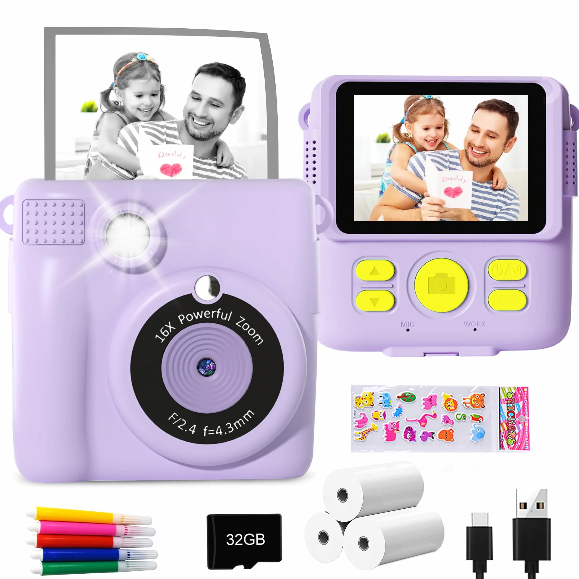 GKTZ Macchina Fotografica Bambini Istantanea - 1080P HD Digitale Fotocamera Stampa, Giocattolo con 32GB Scheda e 3 Rotoli di Carta Fotografica, Regali di Compleanno per Bambine di 4-12 Anni, Viola
