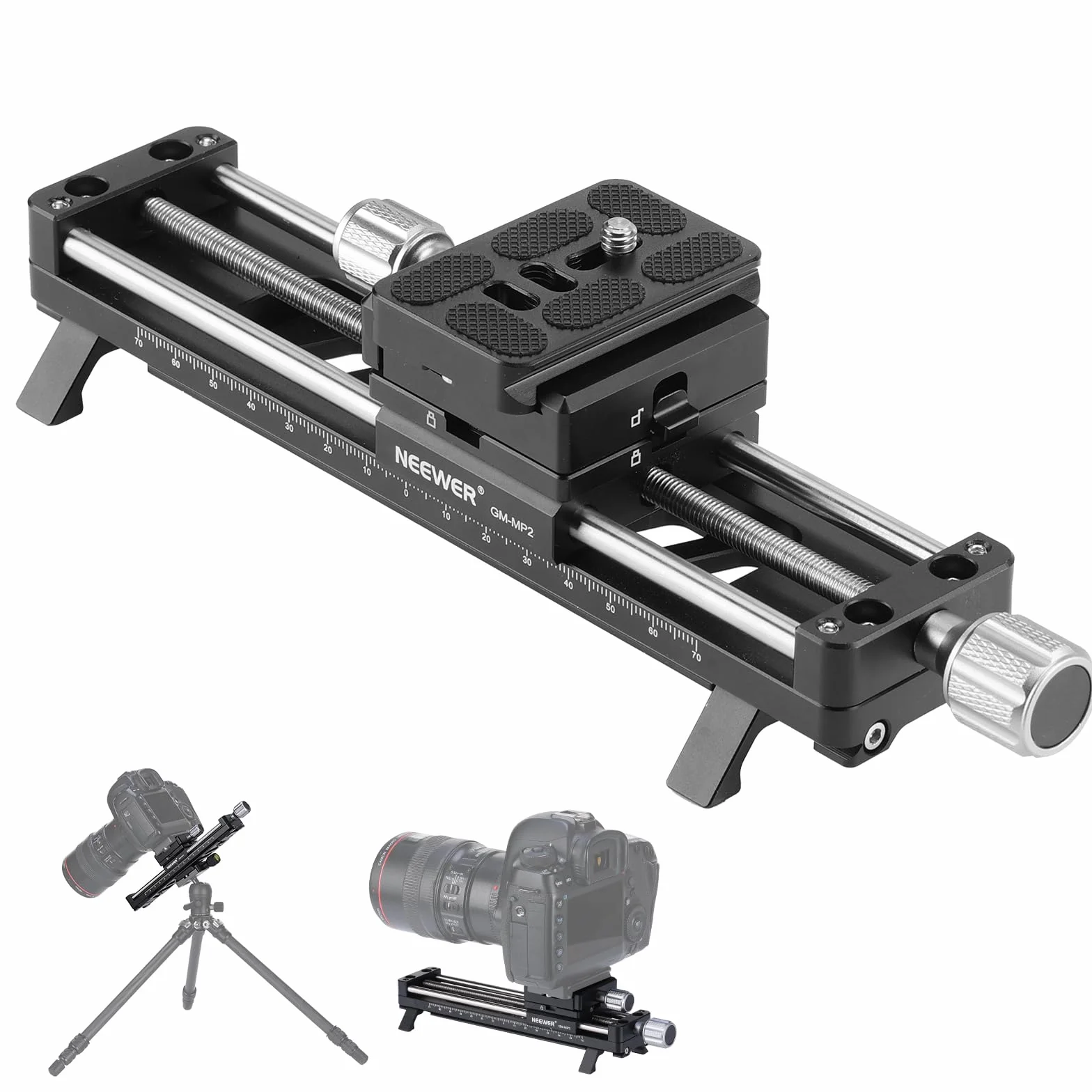 NEEWER Guida di Messa a Fuoco Macro 140mm, Slider di Binario Macro Girevole a 360°, Blocco a 4 Direzioni, Piedini Retrattili, Piastra QR Acra, Vite 1/4" e 3/8" per Fotografia Macro Primi Piani, GM-MP2