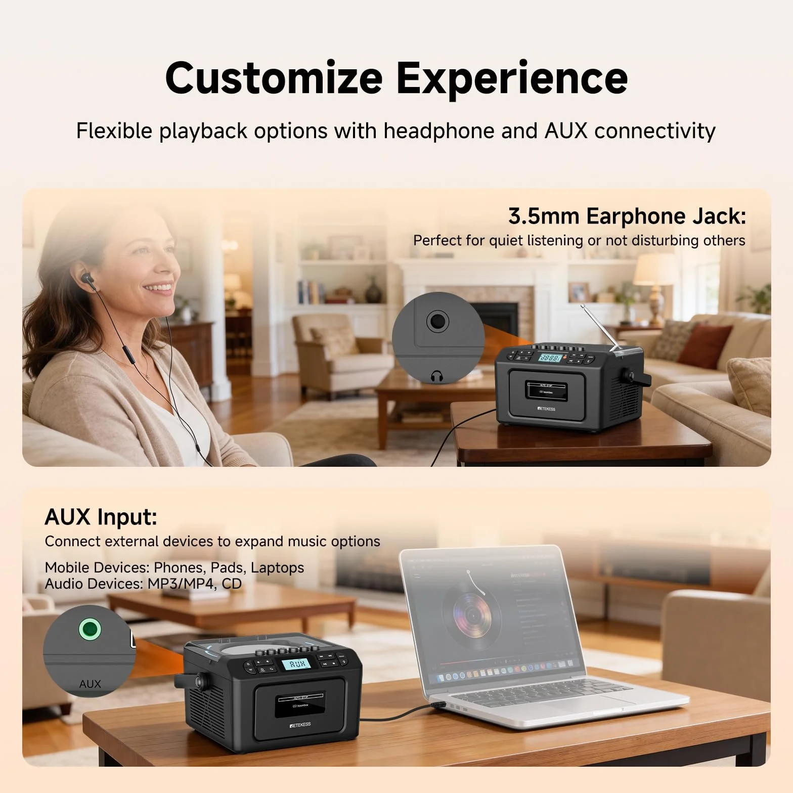 Retekess TR642 Lettore CD Boombox Portatile, Radio con Lettore CD, AM FM Radio, Connettività Wireless, USB/AUX/TF, con Telecomando, Jack per Cuffie, Batterie Ricaricabili, Adatto alle Famiglie