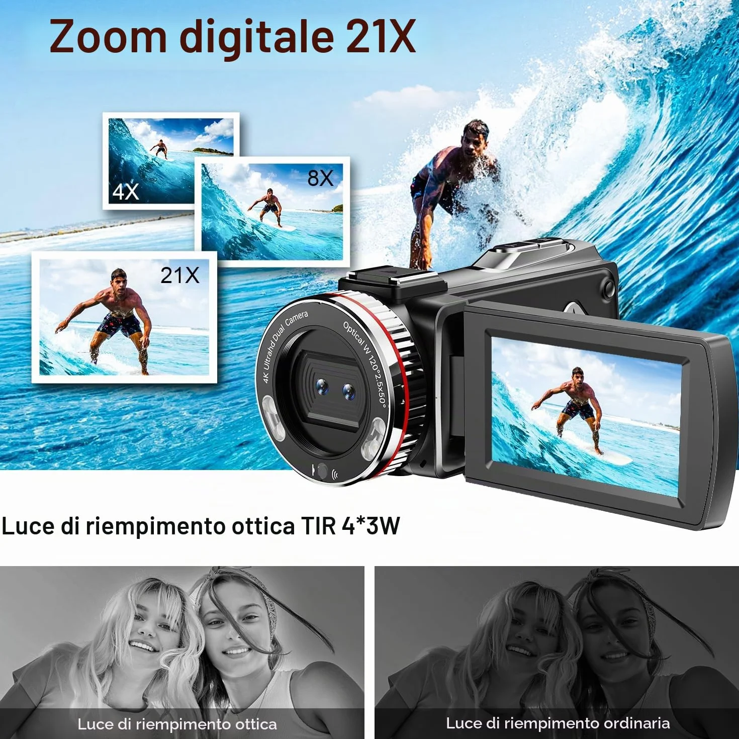 Videocamera 4K 64MP per YouTube, Dual Camera 3" Screen Girevole a 270°, Scheda 64GB, Microfono, Stabilizzatore, Telecomando, 2 Batterie