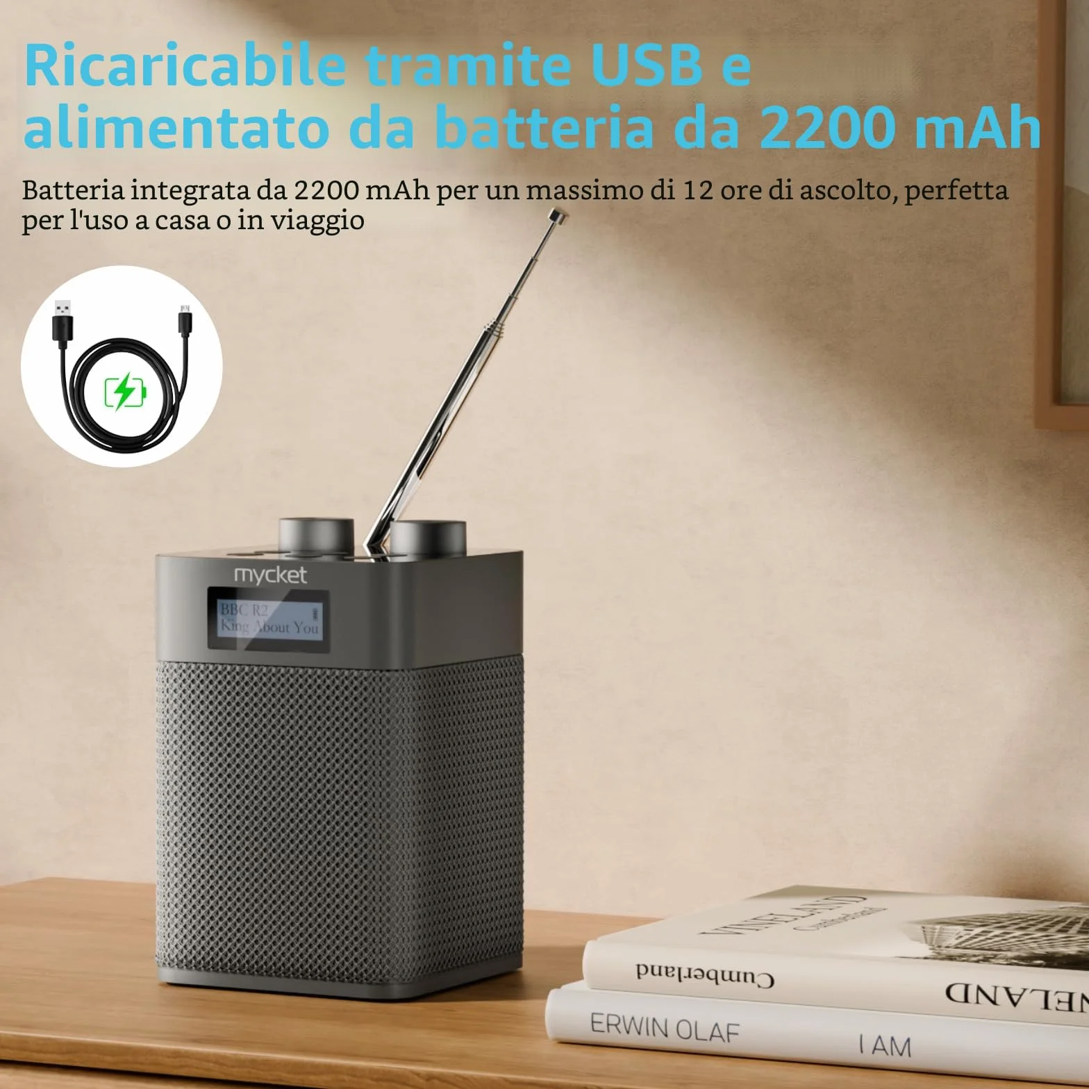Mycket Dab/Dab+ Radio Digitale e FM, Radio Alimentata a Batteria Integrata da 2200 mAh, Ricaricabile Portatile DAB Radios con Bluetooth/U, 80 Stazioni Preimpostate, Ingresso Cuffie, LED Display
