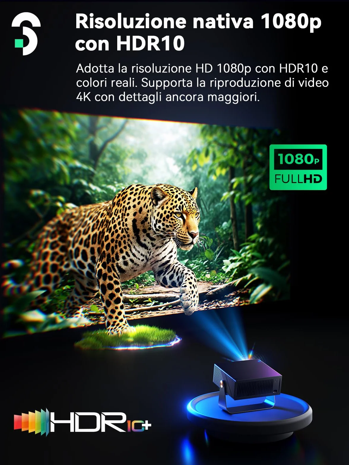SOOMFON SK3 Proiettore Portatile 4K Supporta 1080P Nativo Smart TV | Auto Focus e Keystone Videoproiettore 500 ANSI WiFi Bluetooth 360° Rotation Netflix Compatibile per HDMI/Home Cinema/Esterni
