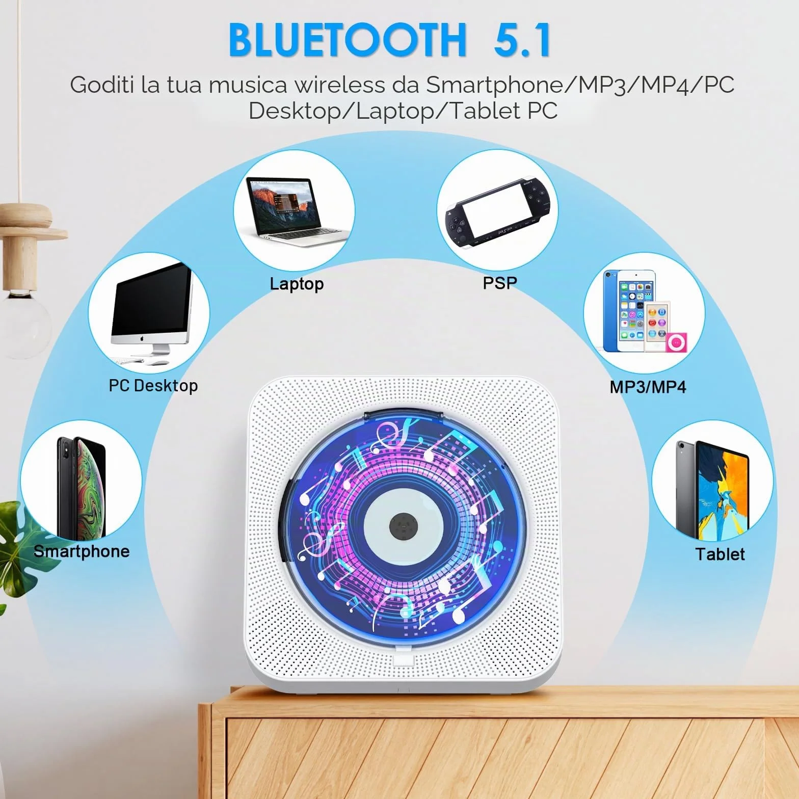 Gueray Lettore CD Bluetooth Hifi Con Altoparlante, Telecomando, Protezione Antipolvere, Schermo LED, Timer, Radio - Supporta AUX, USB, TF Card Playback
