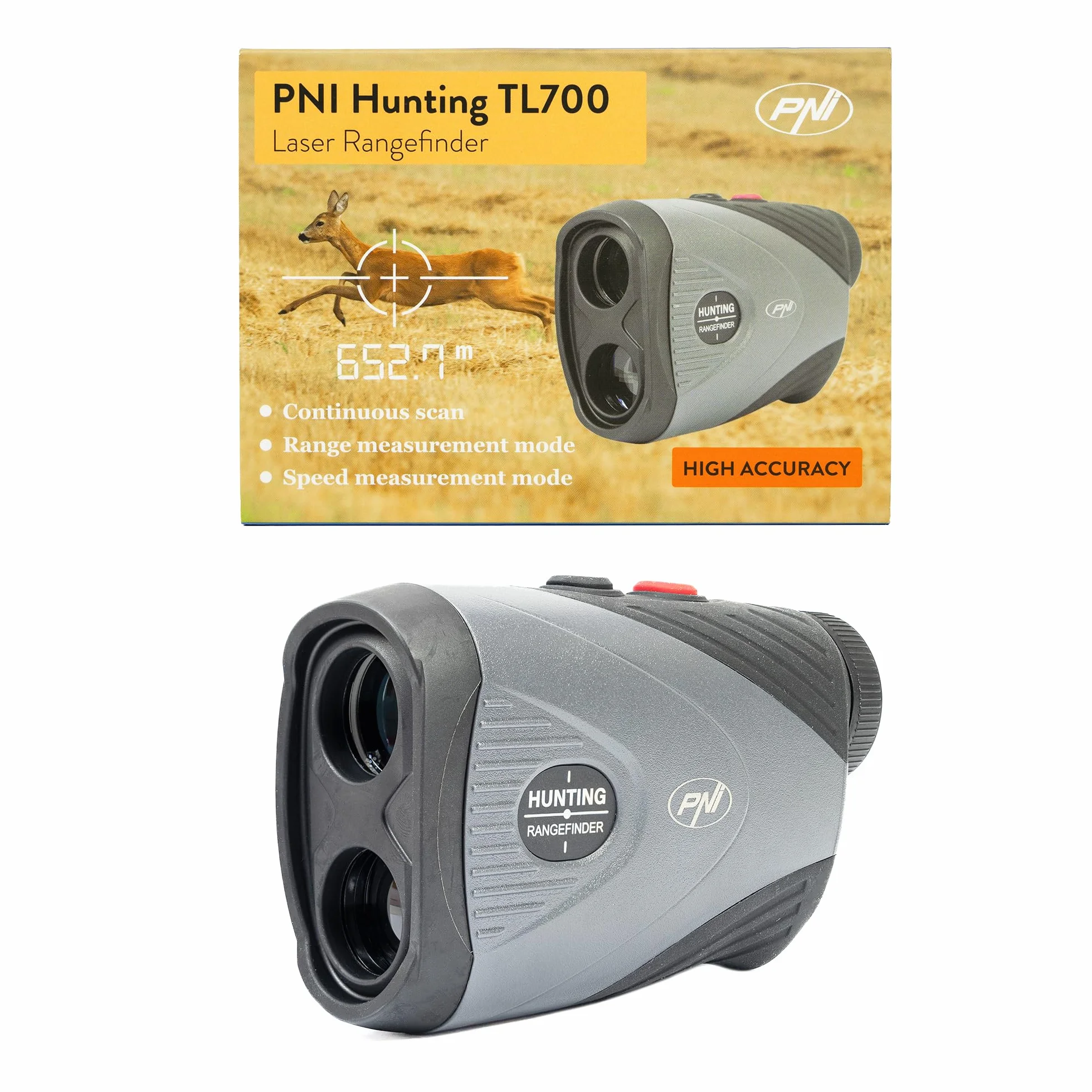 Telemetro laser PNI Hunting TL700, 1100 m, zoom 7x, IP54, misurazione della distanza e della velocità, per caccia, golf, tiro