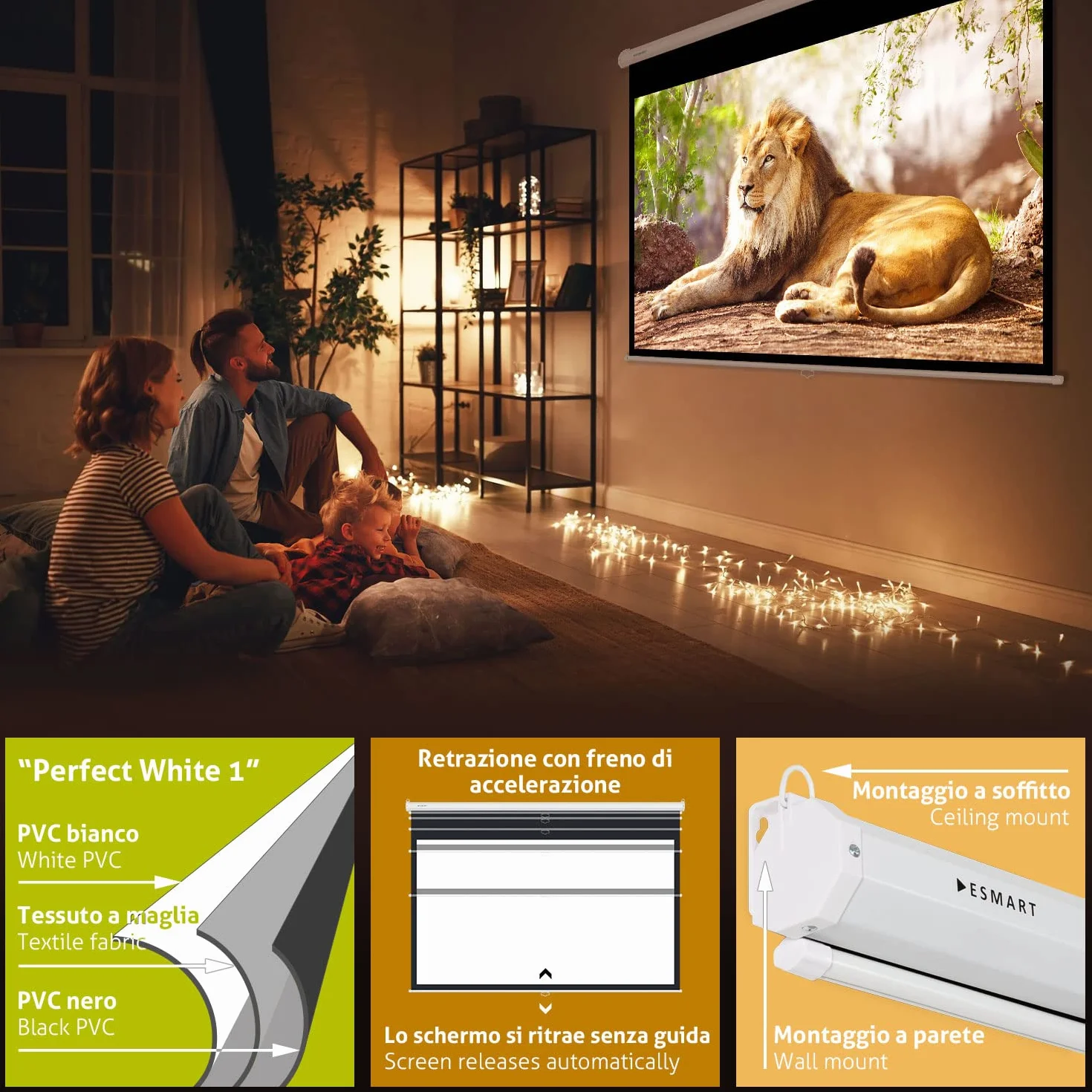 ESMART Economia EXR Schermo di rollo manuale 240 x 135 cm (108 ") | Formato 16: 9 | Schermo per proiezione proiettore home cinema Schermo per tende a rullo LCD LED