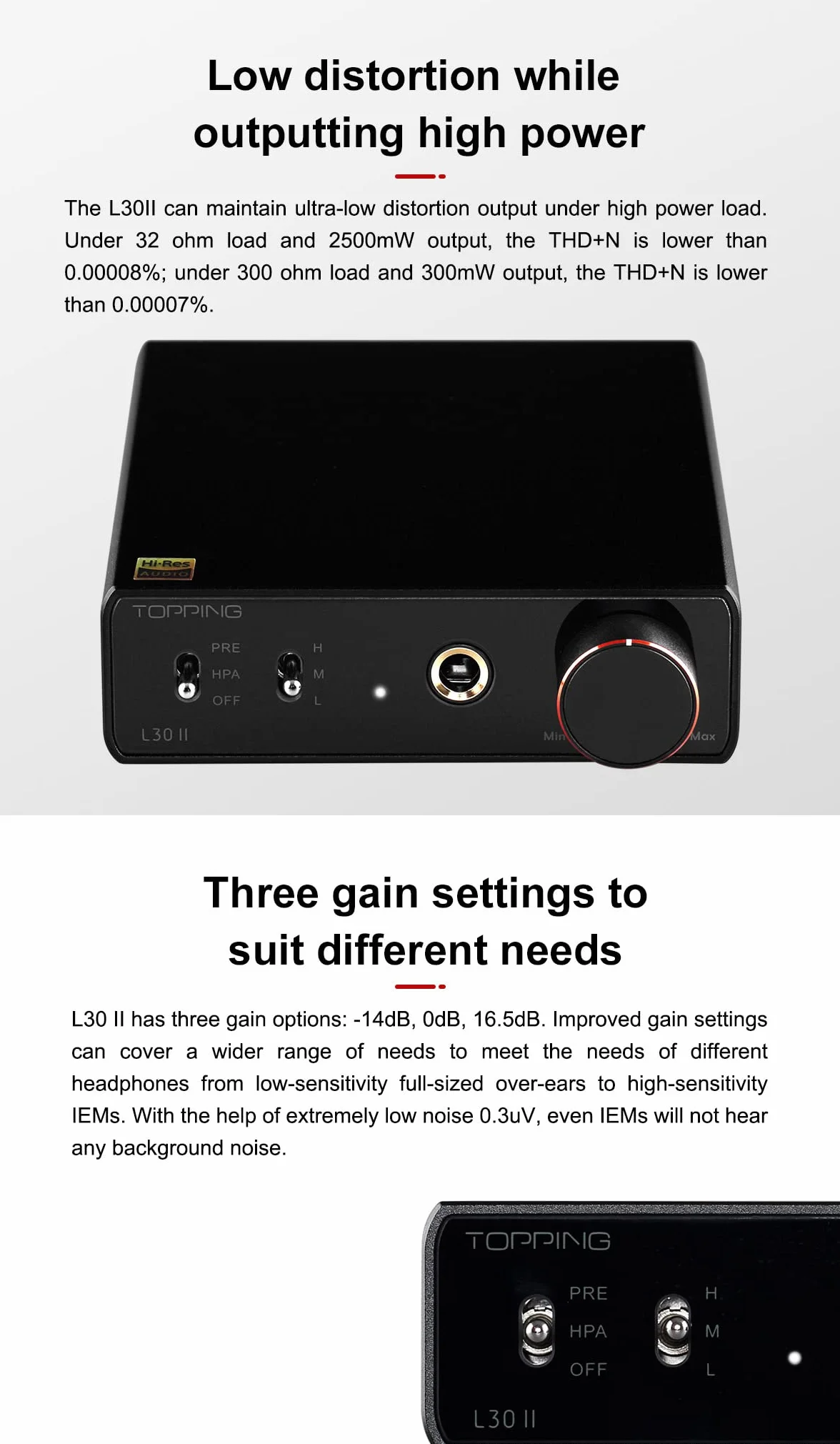 TOPPING L30 II NFCA Amplificatore per cuffie lineare - Jack da 6,35 mm Adattatore da 3,5 mm Ingresso e uscita RCA 37Vpp Mini amplificatore HiFi Uscita preamplificatore audio Nero