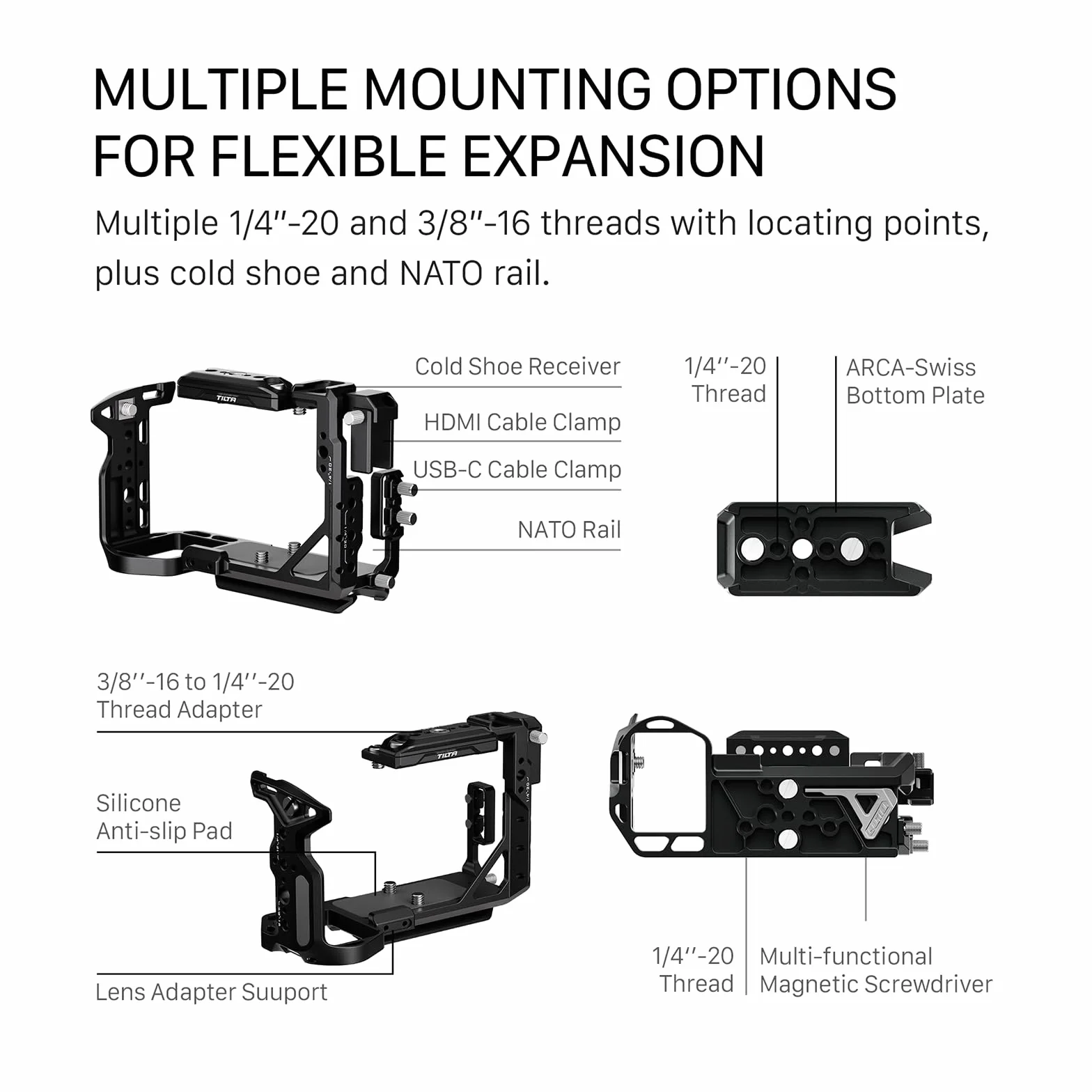 Tilta FX2 Cage, gabbia completa per fotocamera compatibile con il kit base Sony FX2 con impugnatura superiore Xeno, guida NATO, filettature 1/4“-20 e 3/8”-16 - Grigio titanio TA-T88-B-TG