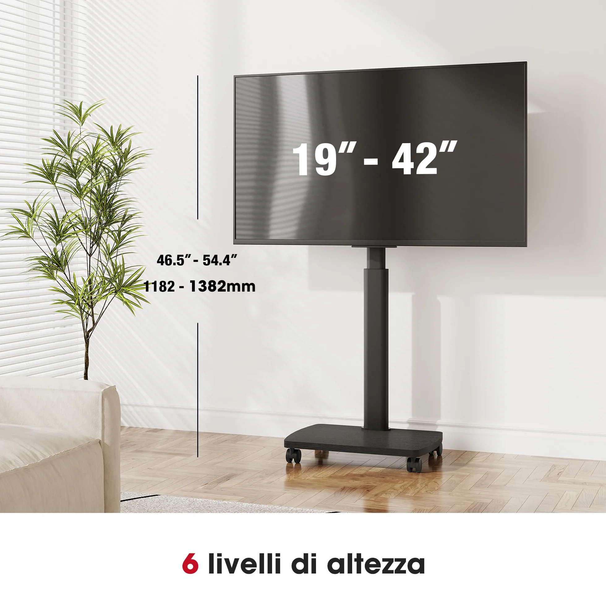 AOKCOS Supporto TV da Pavimento Orizzontale e Verticale per 19-42 Pollici, Carrello Porta TV con Ruote Base in Legno, Inclinazione & Girevole, fino a 20 kg max. VESA 200×200 mm Nero