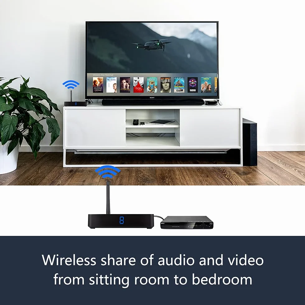 Trasmettitore e ricevitore audio wireless 2,4 GHz 8 canali RCA 480P mittente con estensione remota IR per cavo streaming, satellite, DVD a TV senza fili (MT-RCA20)