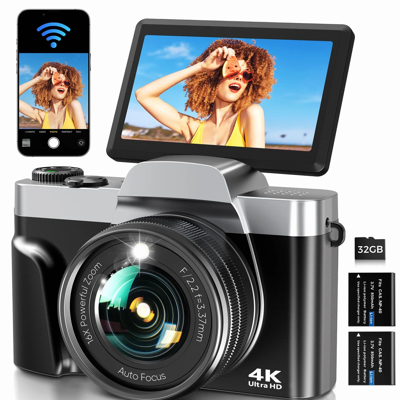 Fotocamera Digitale WiFi 4K 64MP Macchina Fotografica Digitale Compatta con Schermo Ribaltabile 3” 180°, Autofocus, Zoom Digitale 16X, Flash, 2 Batterie e Scheda 32GB per Vlogging e Fotografia