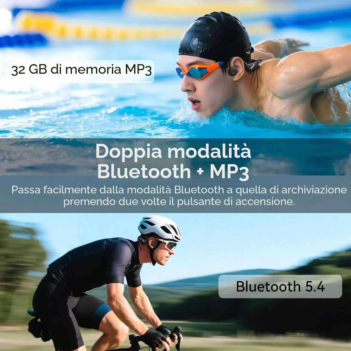 Cuffie Conduzione Ossea, IP68 Impermeabili per Nuoto, Bluetooth 5.3 Open-ear Cuffie per Corsa Ciclismo Guida Fitness