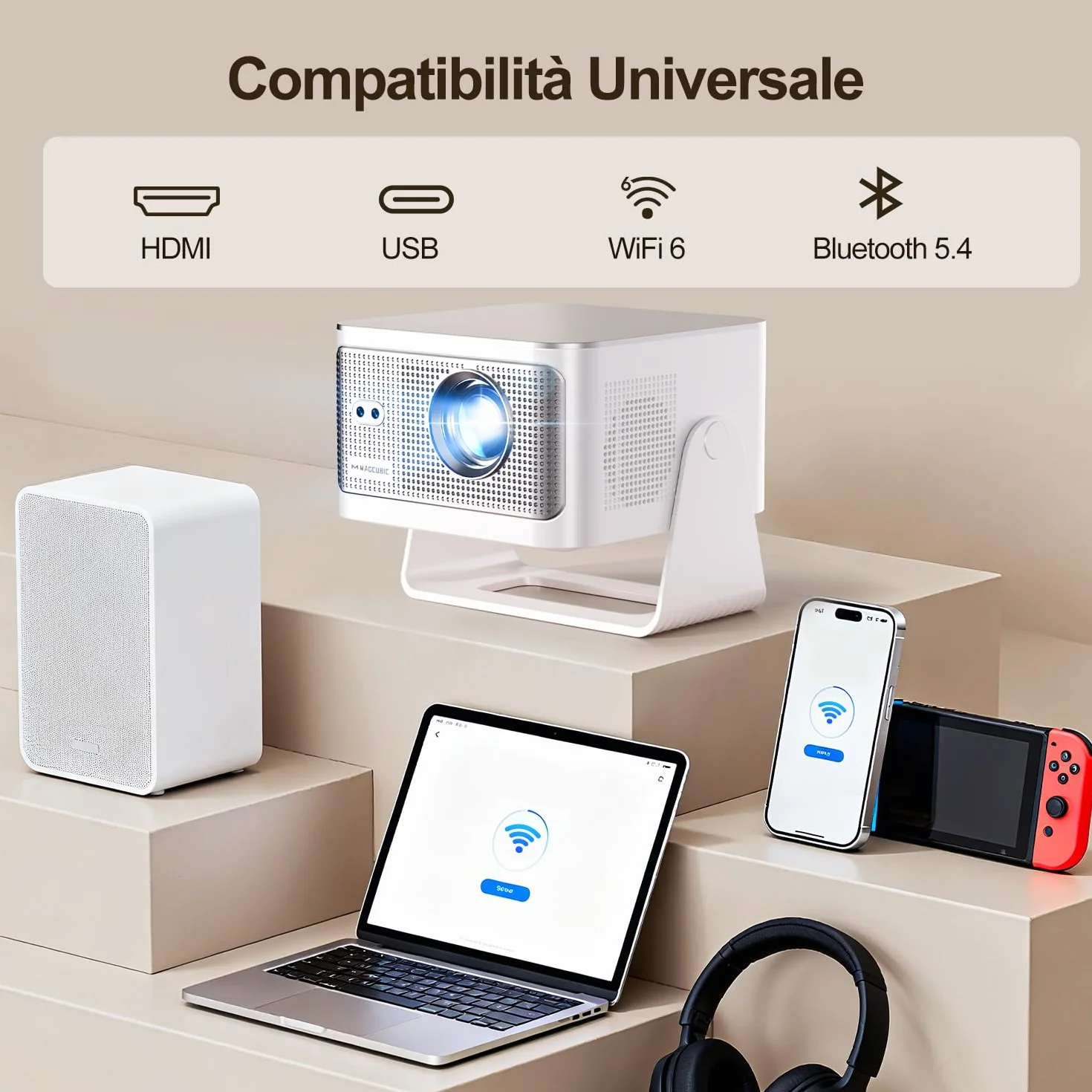 Mini Proiettore 4K 8K Supporta, Proiettore Portatile 1080P WiFi 6 Bluetooth 5.4 600ANSI HY350MAX