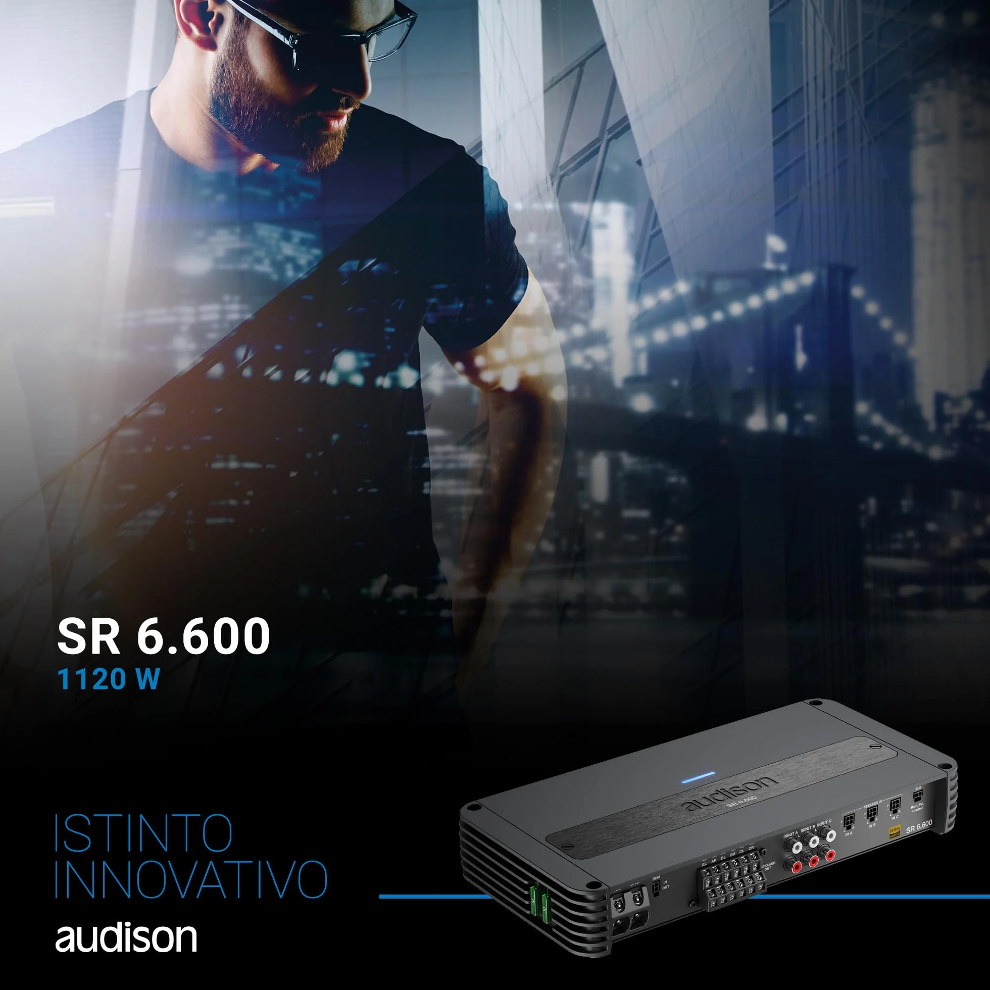 Audison SR 6.600 - Amplificatore a 6 canali in Classe D per auto, configurazione 4x140W + 2x185W su 2 ohm, ideale per sistemi attivi multivia ad alta efficienza