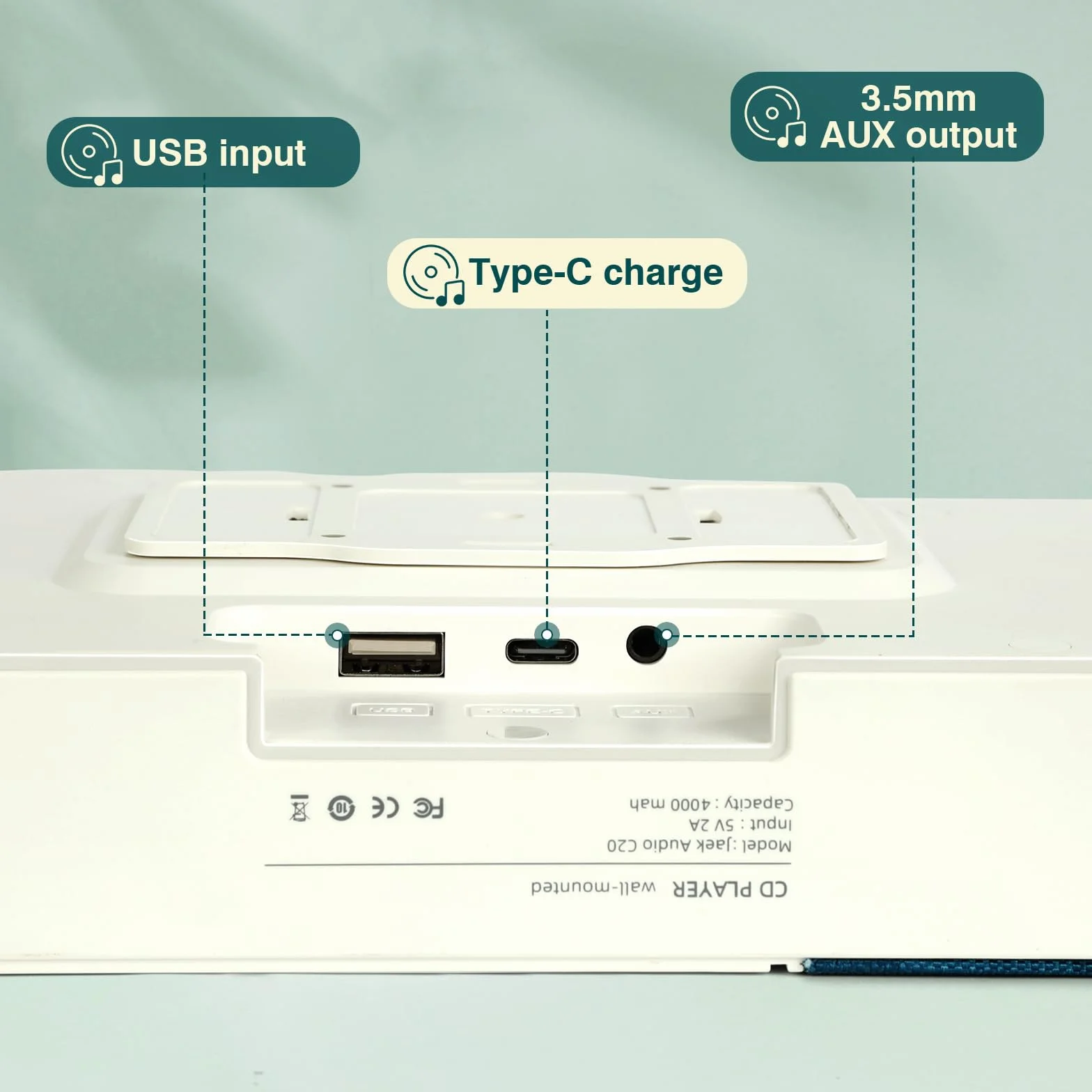 Lettore CD Retrò Montabile a Parete con Bluetooth, USB, Ingresso AUX, Altoparlante Audio per la Casa, 4000mAh, con Telecomando per Decorazione Domestica (VERDE)