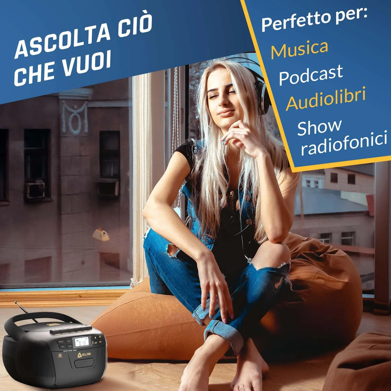 KLIM Lettore CD - Lettore Cassette Audio, AM/FM Radio Bluetooth, Stereo CD Player, Remota, Registrazione Su Nastro, USB Drive, AUX, Radio Stereo Casa Alimentazione AC/DC - Nero/Oro