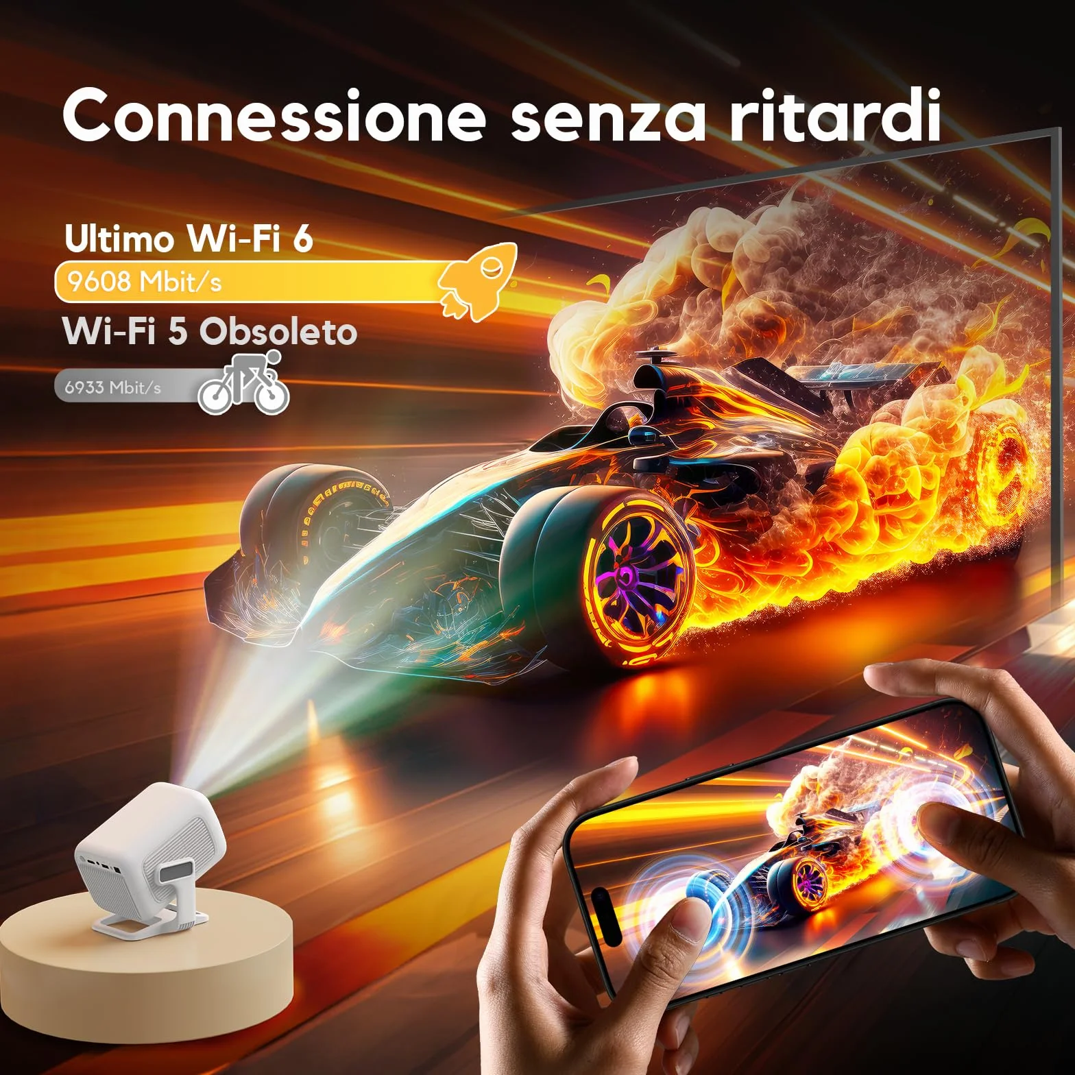 [Apps integrate & Auto Focus] AKIYO O4 Proiettore 4K con WiFi 6 Bluetooth 5.2, 1080P Nativo Proiettore Portatile Auto Keystone Rotabile 120°,per HDMI/USB/Smartphone