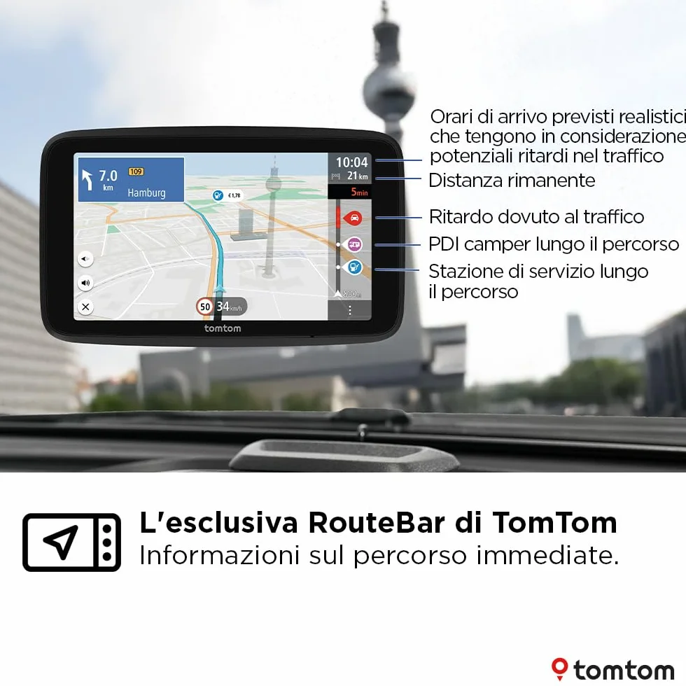 TomTom Navigatore per camper e roulotte GO Camper Tour (schermo da 6", PDI per camper, aggiornamenti Wi-Fi, TomTom Traffic, 6 mesi di avvisi autovelox, mappe d'Europa, indicatore corsia in movimento)